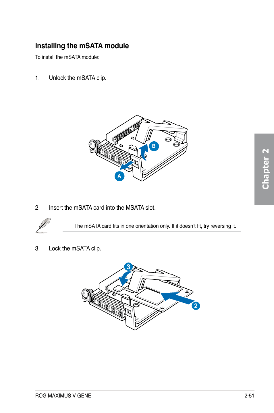 Installing the msata module, Installing the msata module -51, Chapter 2 | Asus MAXIMUS V GENE User Manual | Page 73 / 208