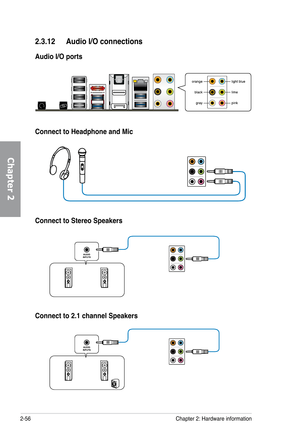 12 audio i/o connections, 12 audio i/o connections -56, Chapter 2 | Asus MAXIMUS V GENE User Manual | Page 78 / 208