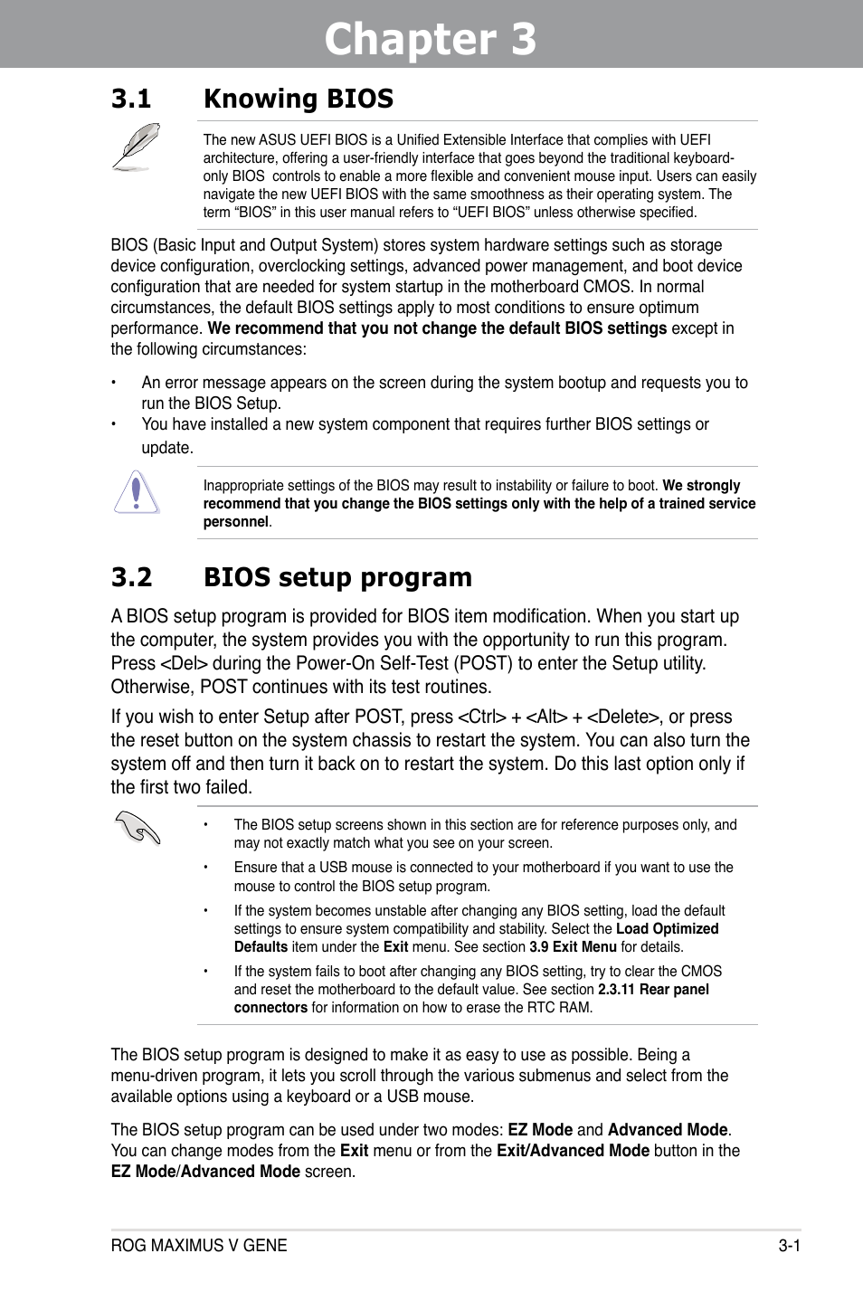 Chapter 3: bios setup, 1 knowing bios, 2 bios setup program | Chapter 3, Bios setup, Knowing bios -1, Bios setup program -1 | Asus MAXIMUS V GENE User Manual | Page 81 / 208