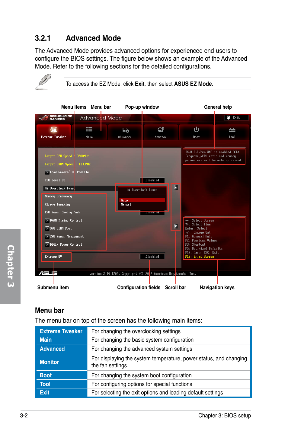 1 advanced mode, Advanced mode -2, Chapter 3 | Menu bar | Asus MAXIMUS V GENE User Manual | Page 82 / 208