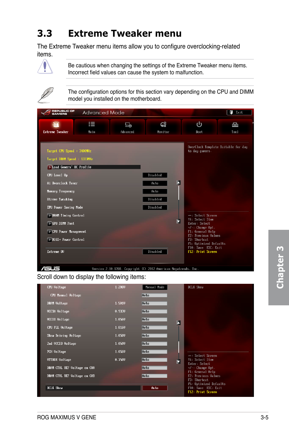 3 extreme tweaker menu, Extreme tweaker menu -5, Chapter 3 | Asus MAXIMUS V GENE User Manual | Page 85 / 208