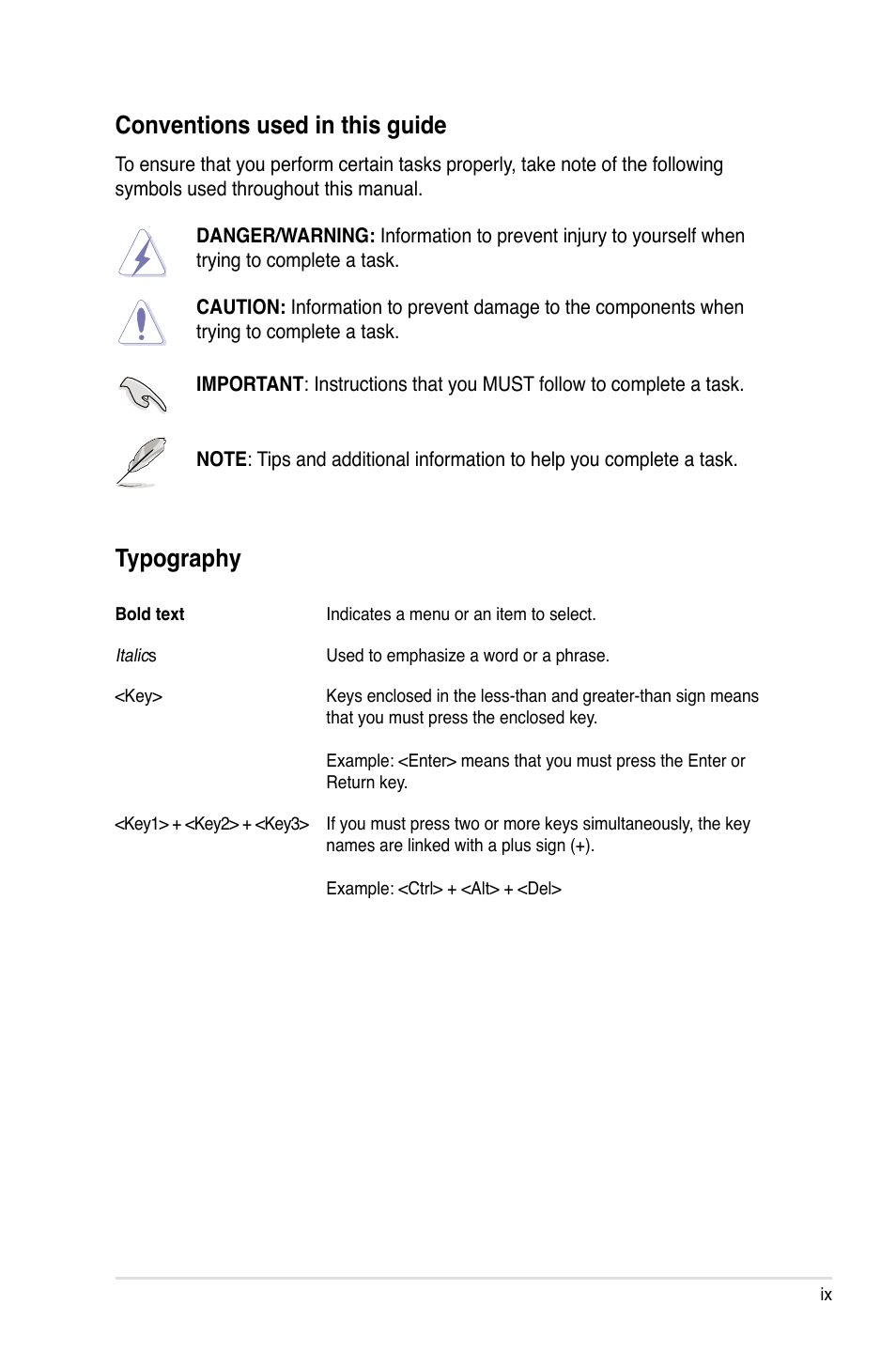 Conventions used in this guide, Typography | Asus MAXIMUS V GENE User Manual | Page 9 / 208