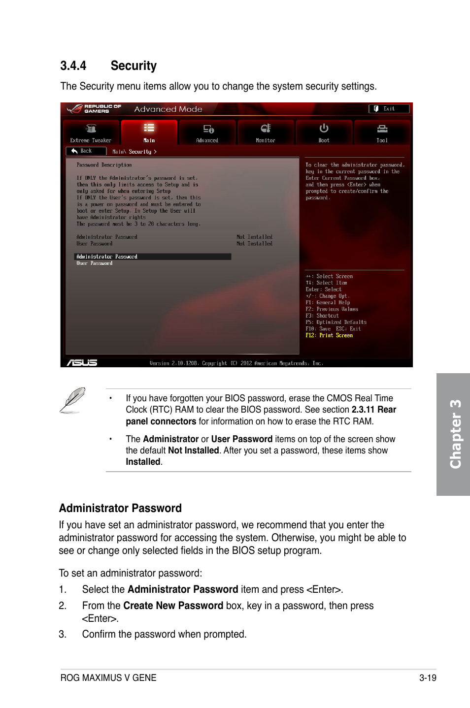 4 security, Security -19, Chapter 3 | Asus MAXIMUS V GENE User Manual | Page 99 / 208