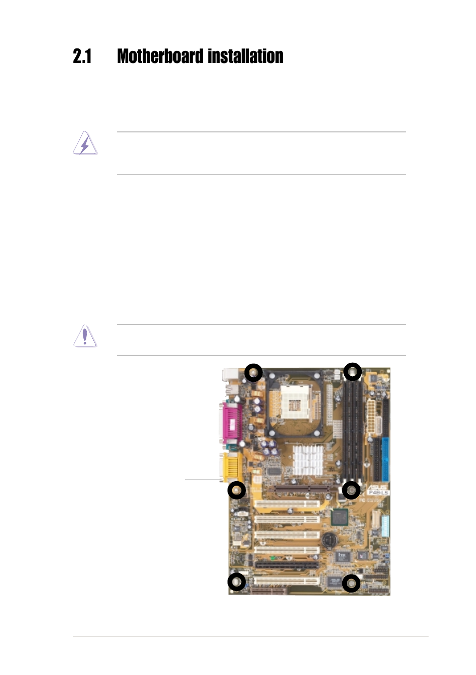 1 motherboard installation, 1 placement direction, 2 screw holes | Asus P4B-LS User Manual | Page 23 / 126