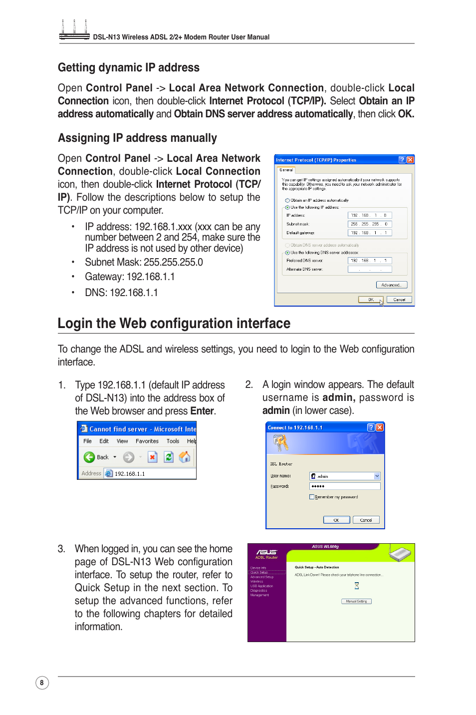 Login the web configuration interface | Asus DSL-N13 User Manual | Page 10 / 54