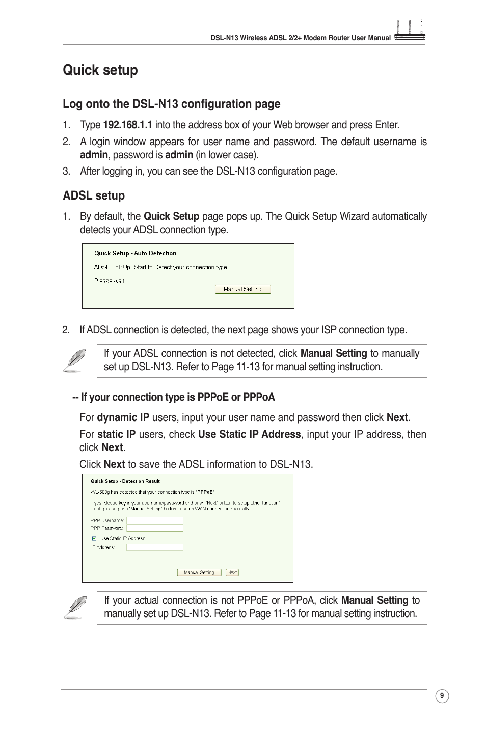 Quick setup | Asus DSL-N13 User Manual | Page 11 / 54