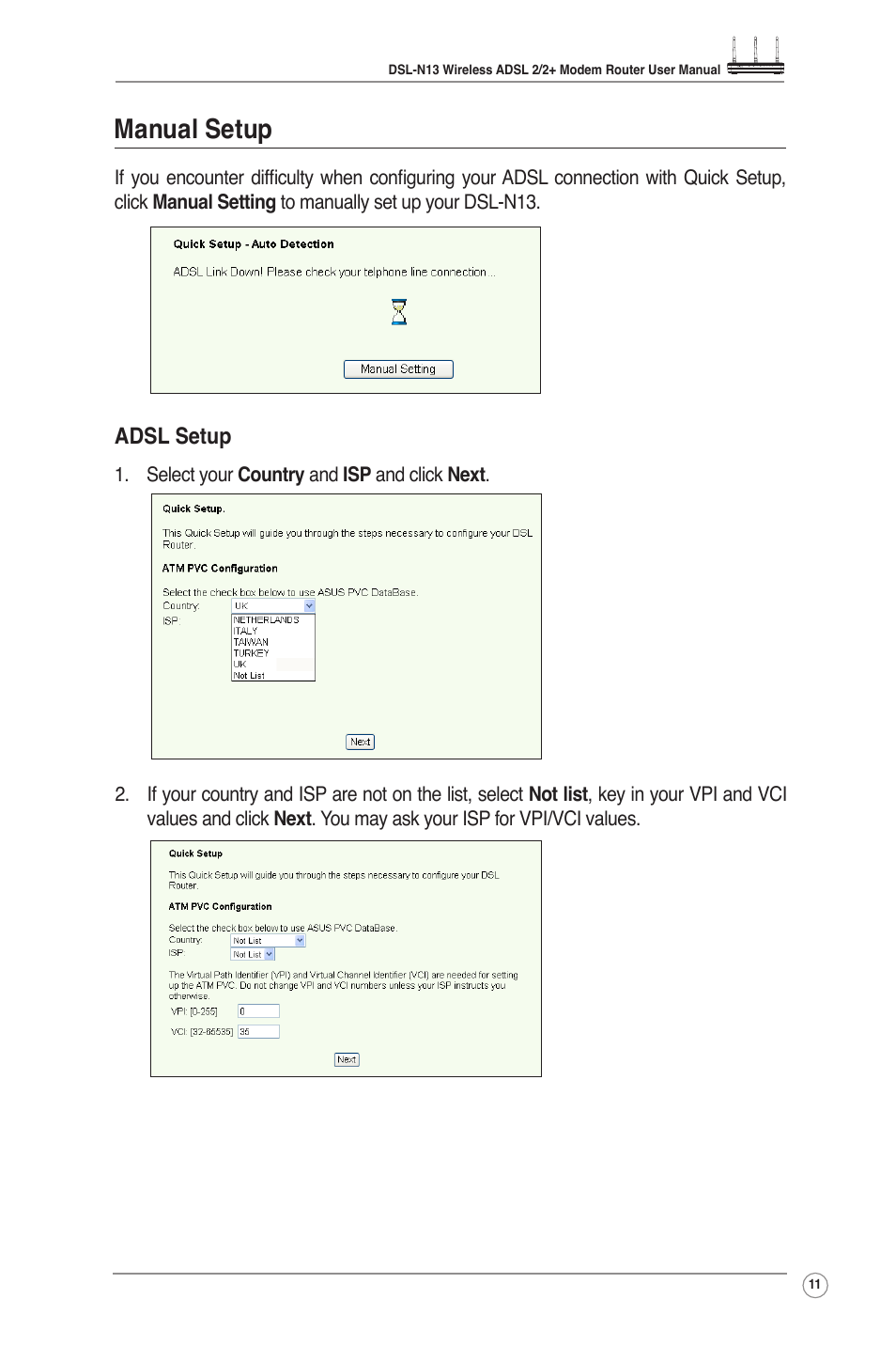 Manual setup | Asus DSL-N13 User Manual | Page 13 / 54