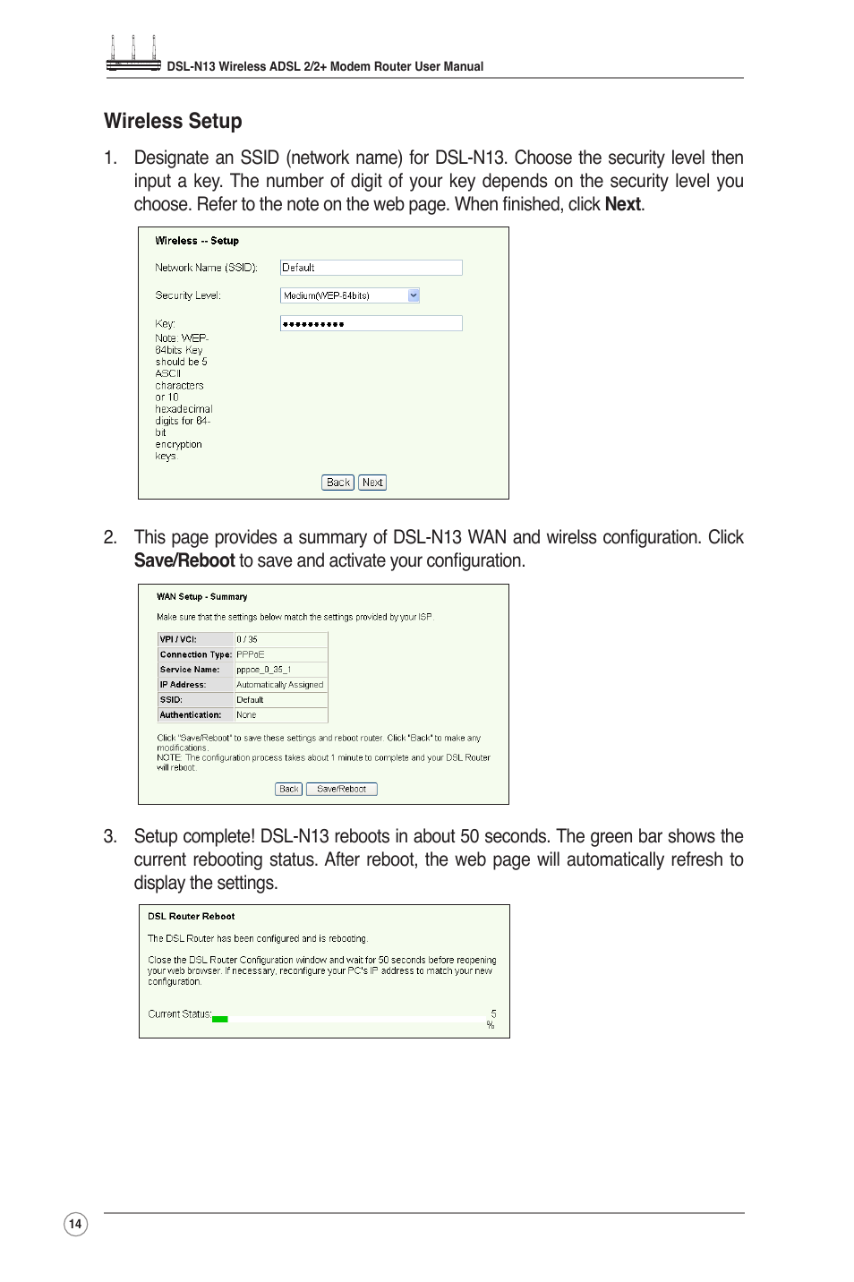 Wireless setup | Asus DSL-N13 User Manual | Page 16 / 54