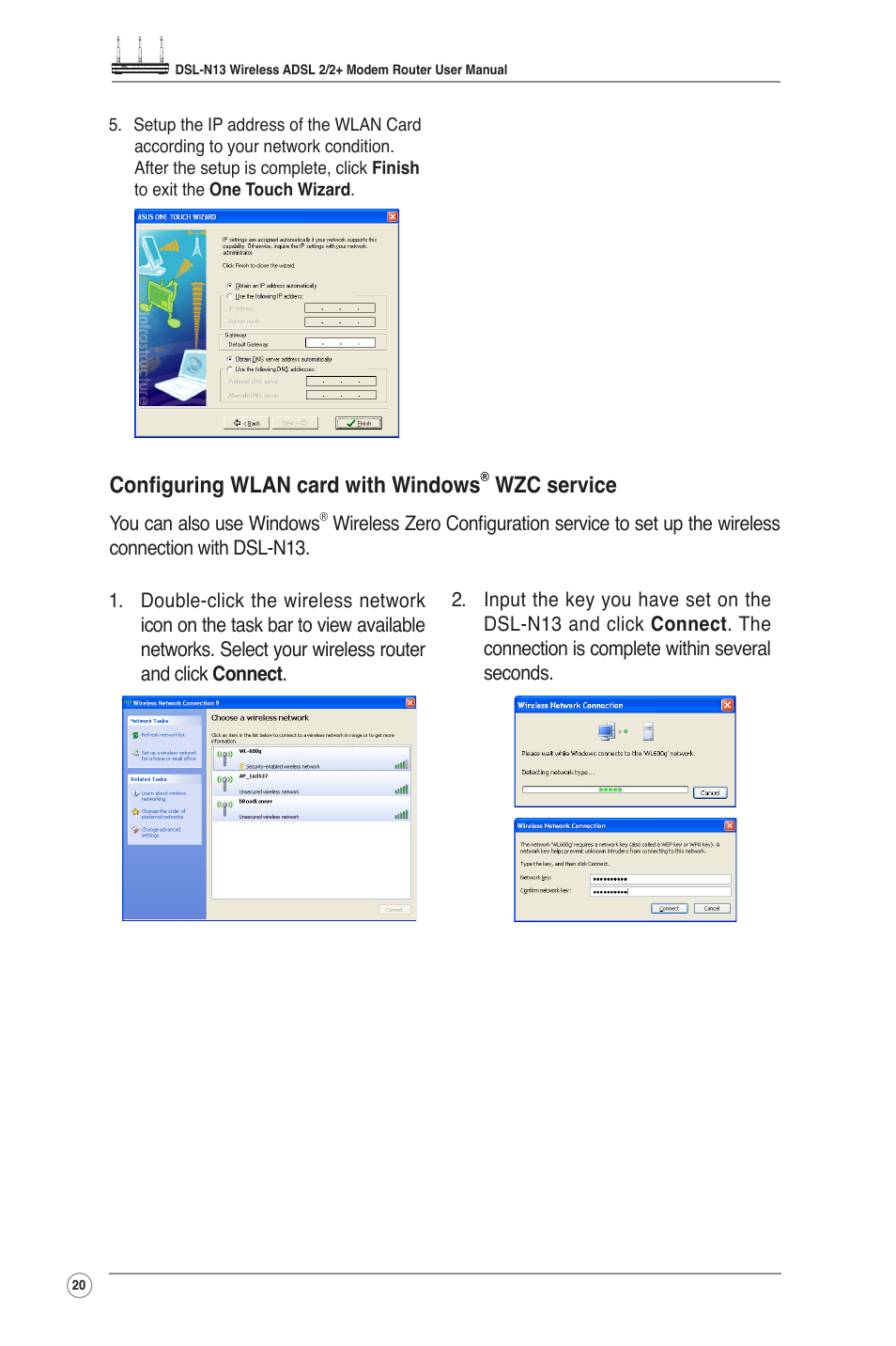 Configuring wlan card with windows, Wzc service | Asus DSL-N13 User Manual | Page 22 / 54