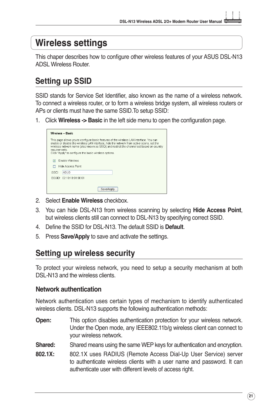 Wireless settings, Setting up ssid, Setting up wireless security | Asus DSL-N13 User Manual | Page 23 / 54