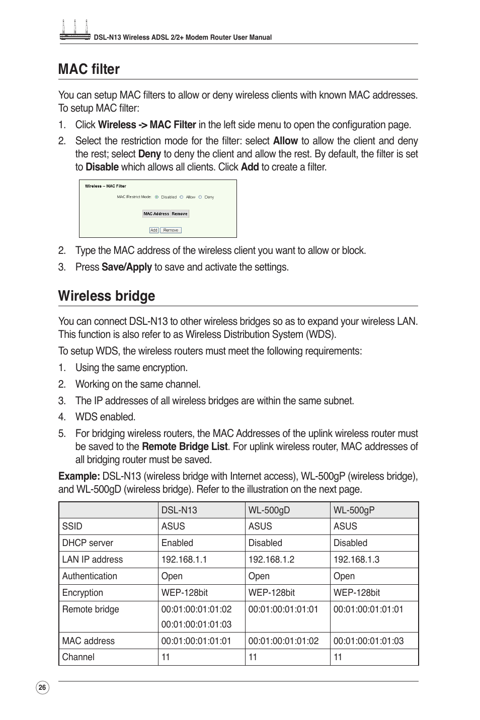 Mac filter, Wireless bridge | Asus DSL-N13 User Manual | Page 28 / 54