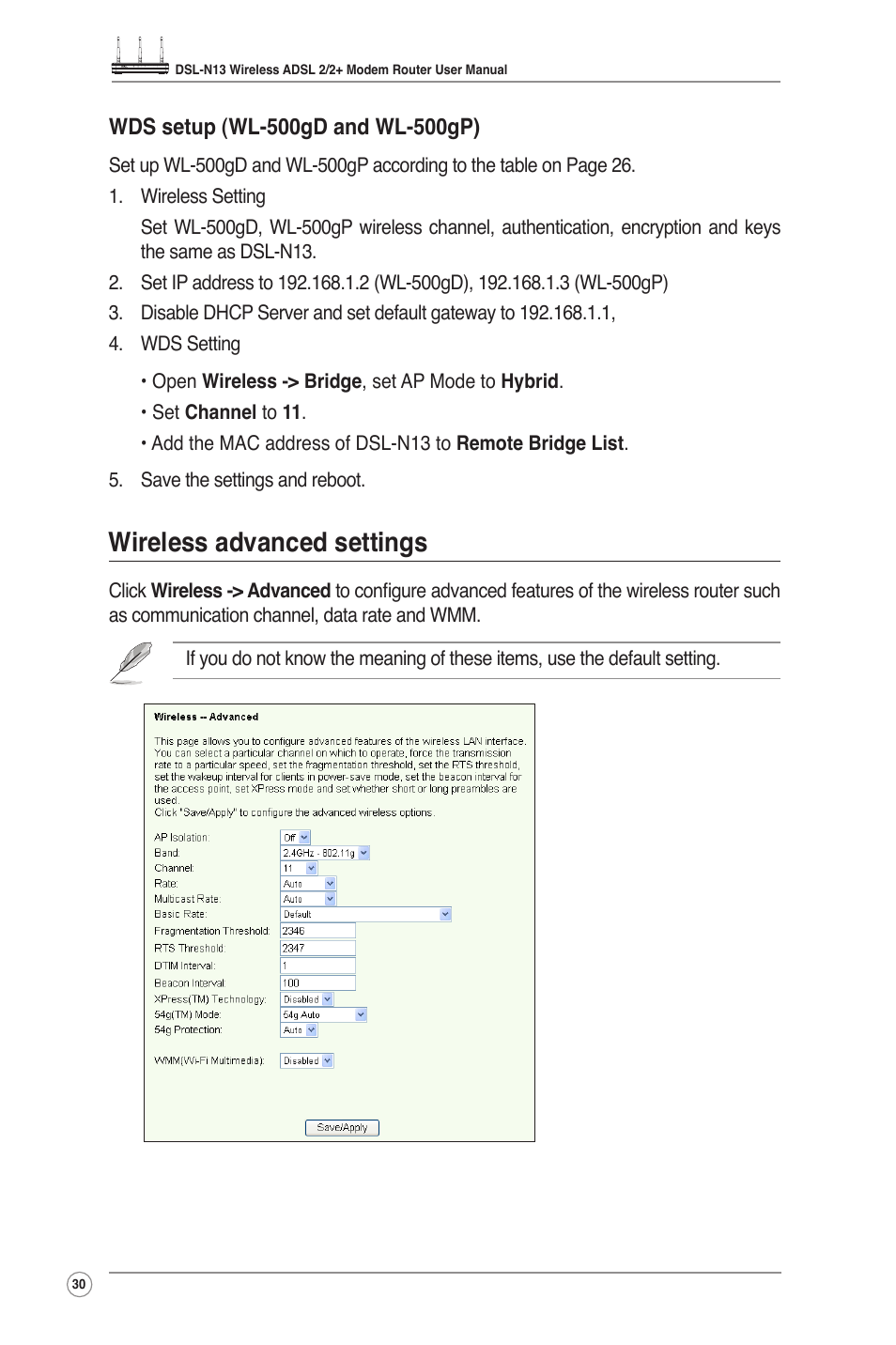 Wireless advanced settings | Asus DSL-N13 User Manual | Page 32 / 54