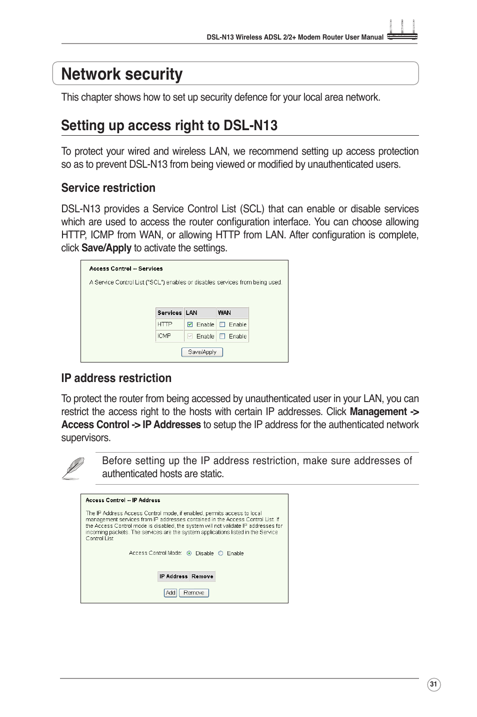 Network security, Setting up access right to dsl-n13 | Asus DSL-N13 User Manual | Page 33 / 54