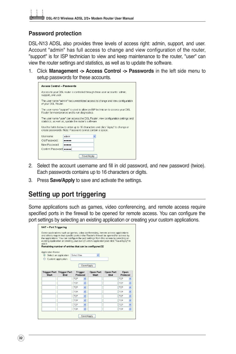 Setting up port triggering | Asus DSL-N13 User Manual | Page 34 / 54