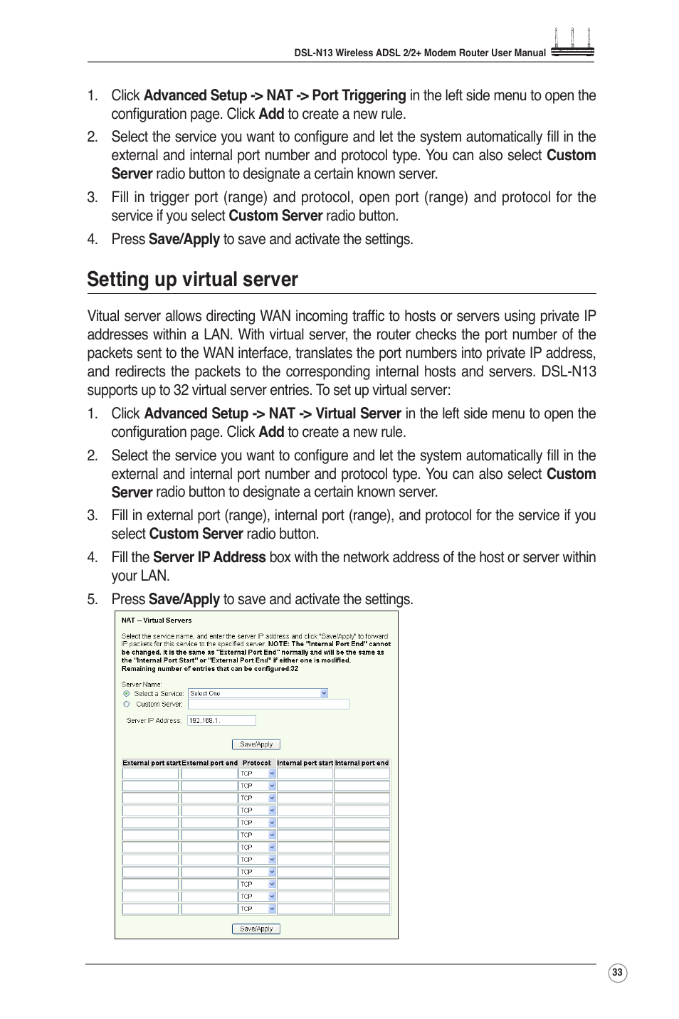 Setting up virtual server | Asus DSL-N13 User Manual | Page 35 / 54