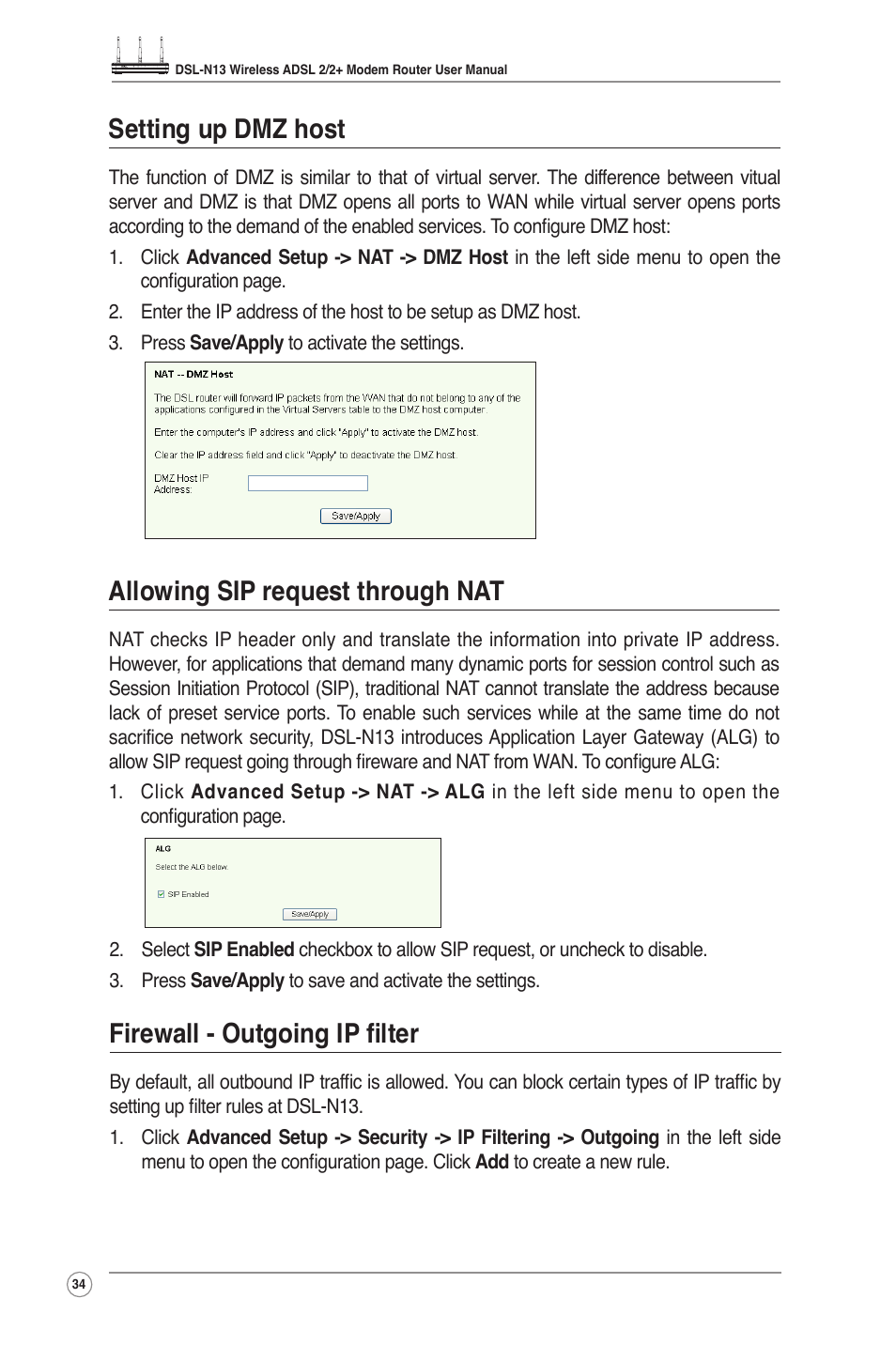 Setting up dmz host, Allowing sip request through nat, Firewall - outgoing ip filter | Asus DSL-N13 User Manual | Page 36 / 54