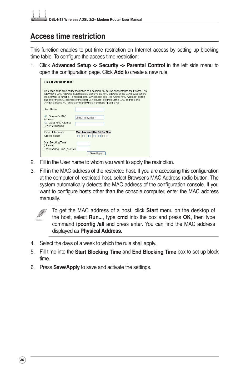 Access time restriction | Asus DSL-N13 User Manual | Page 38 / 54