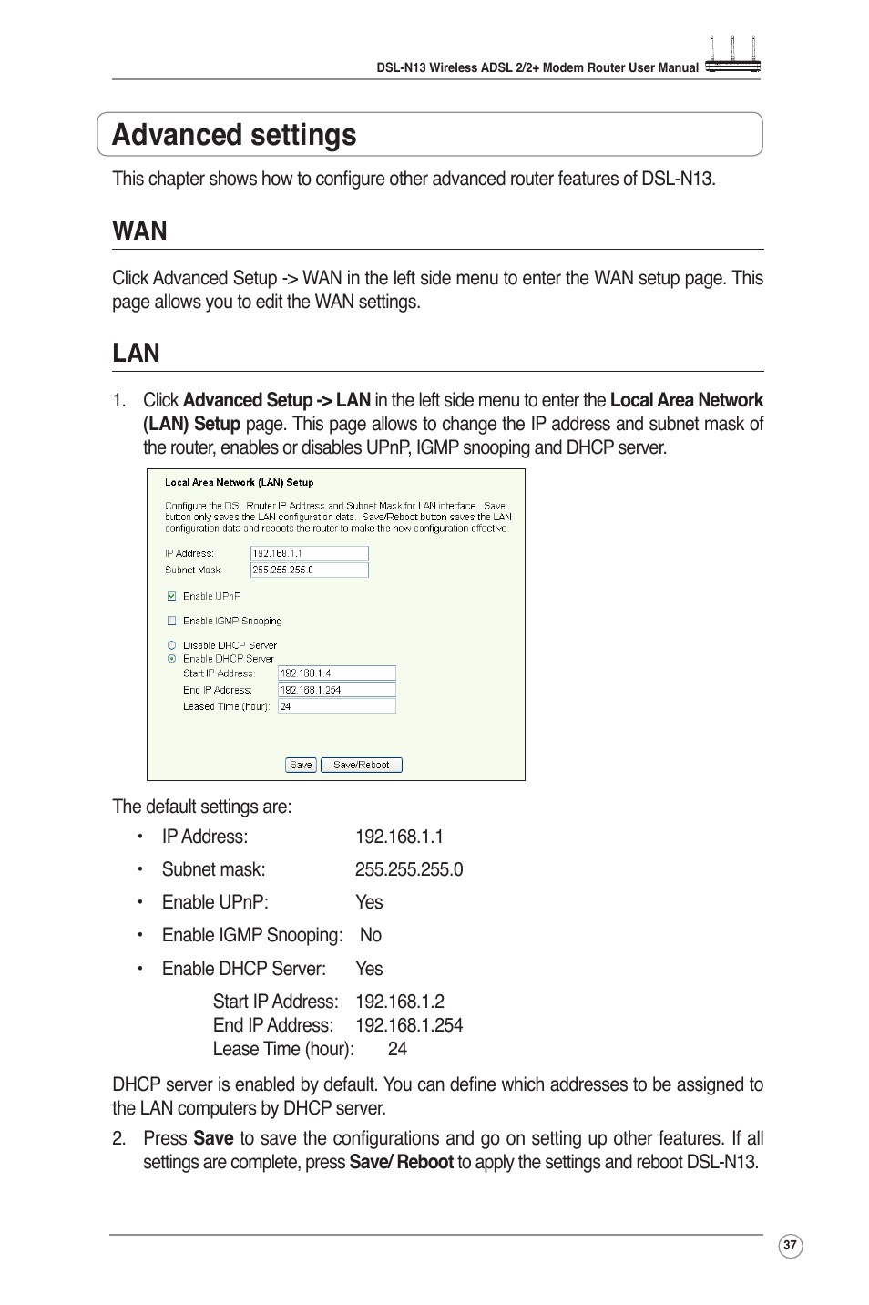 Advanced settings | Asus DSL-N13 User Manual | Page 39 / 54