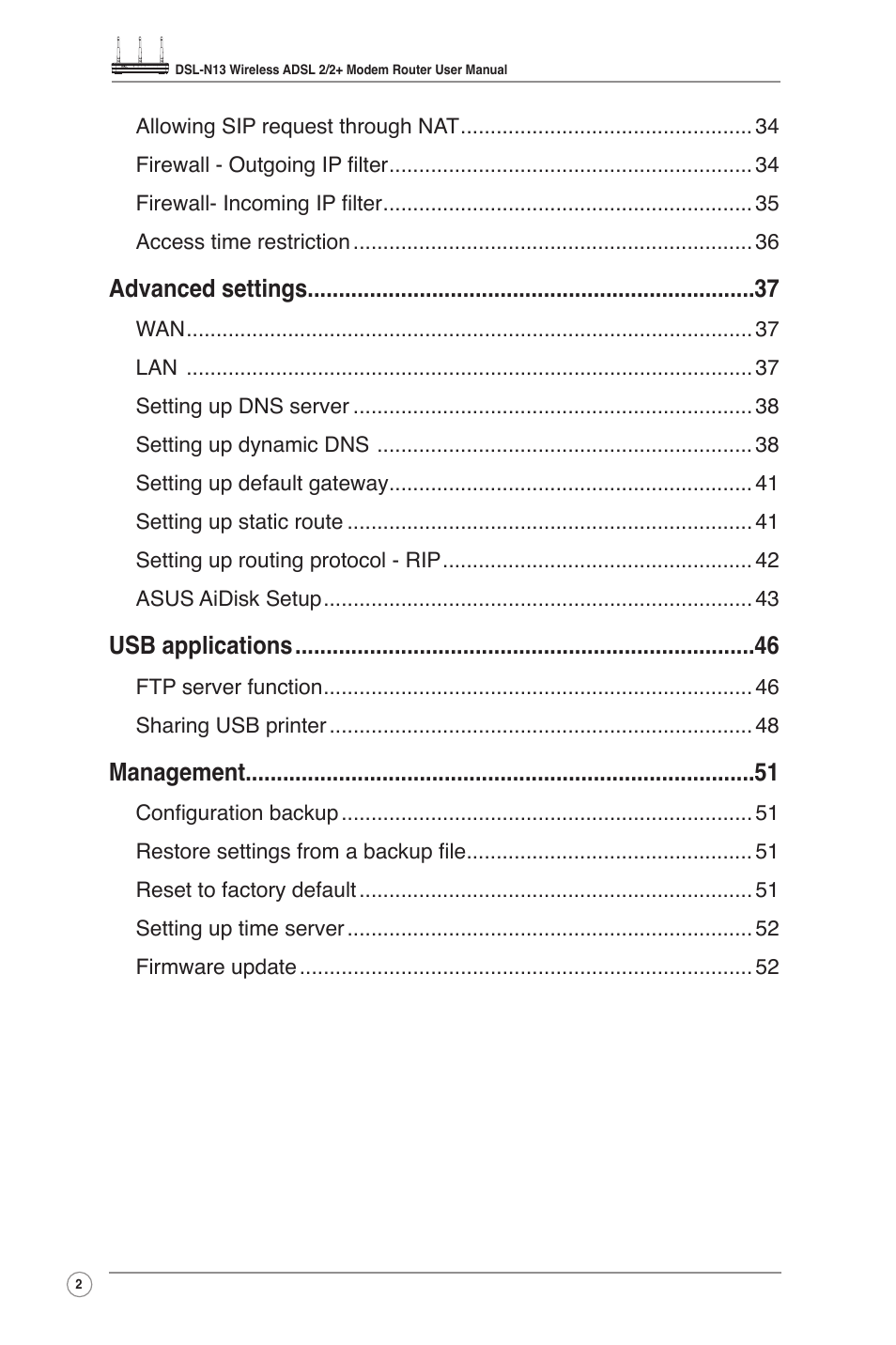 Advanced settings, Usb applications, Management | Asus DSL-N13 User Manual | Page 4 / 54