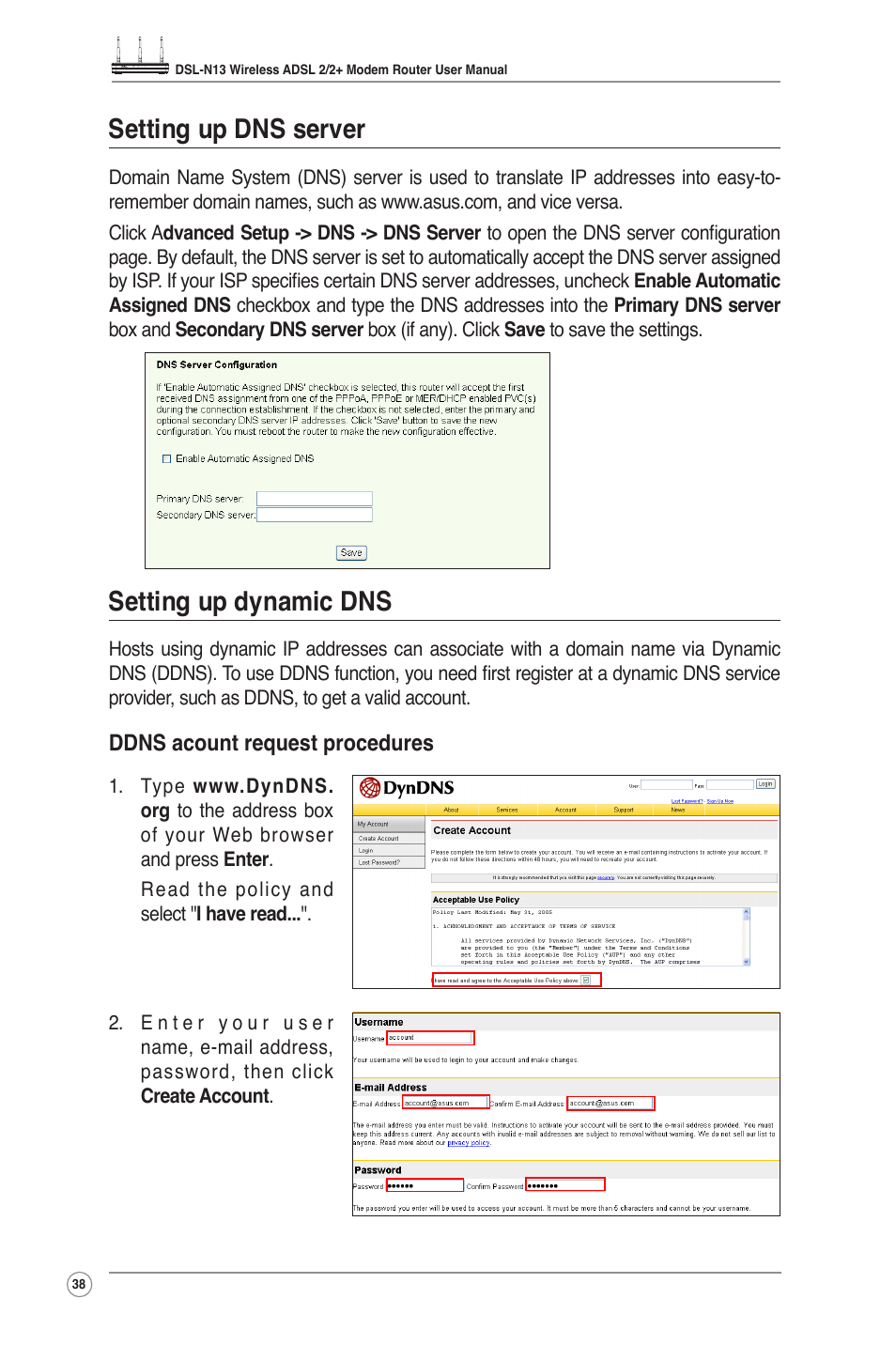 Setting up dns server, Setting up dynamic dns | Asus DSL-N13 User Manual | Page 40 / 54