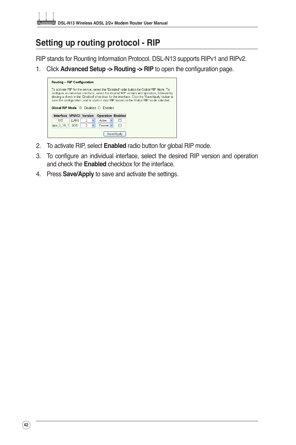 Setting up routing protocol - rip | Asus DSL-N13 User Manual | Page 44 / 54