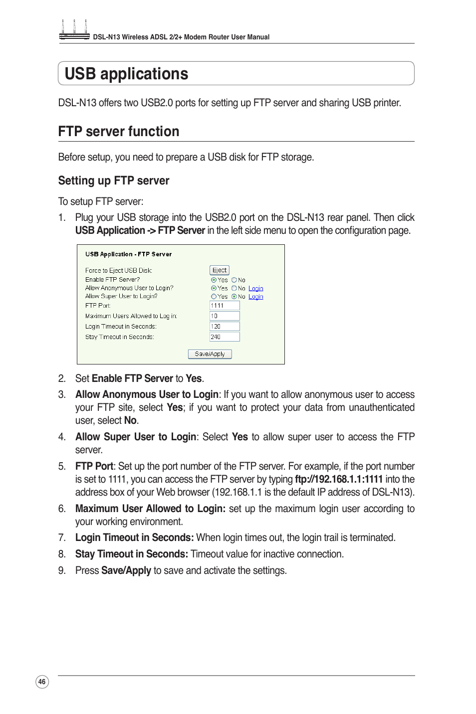 Usb applications, Ftp server function | Asus DSL-N13 User Manual | Page 48 / 54