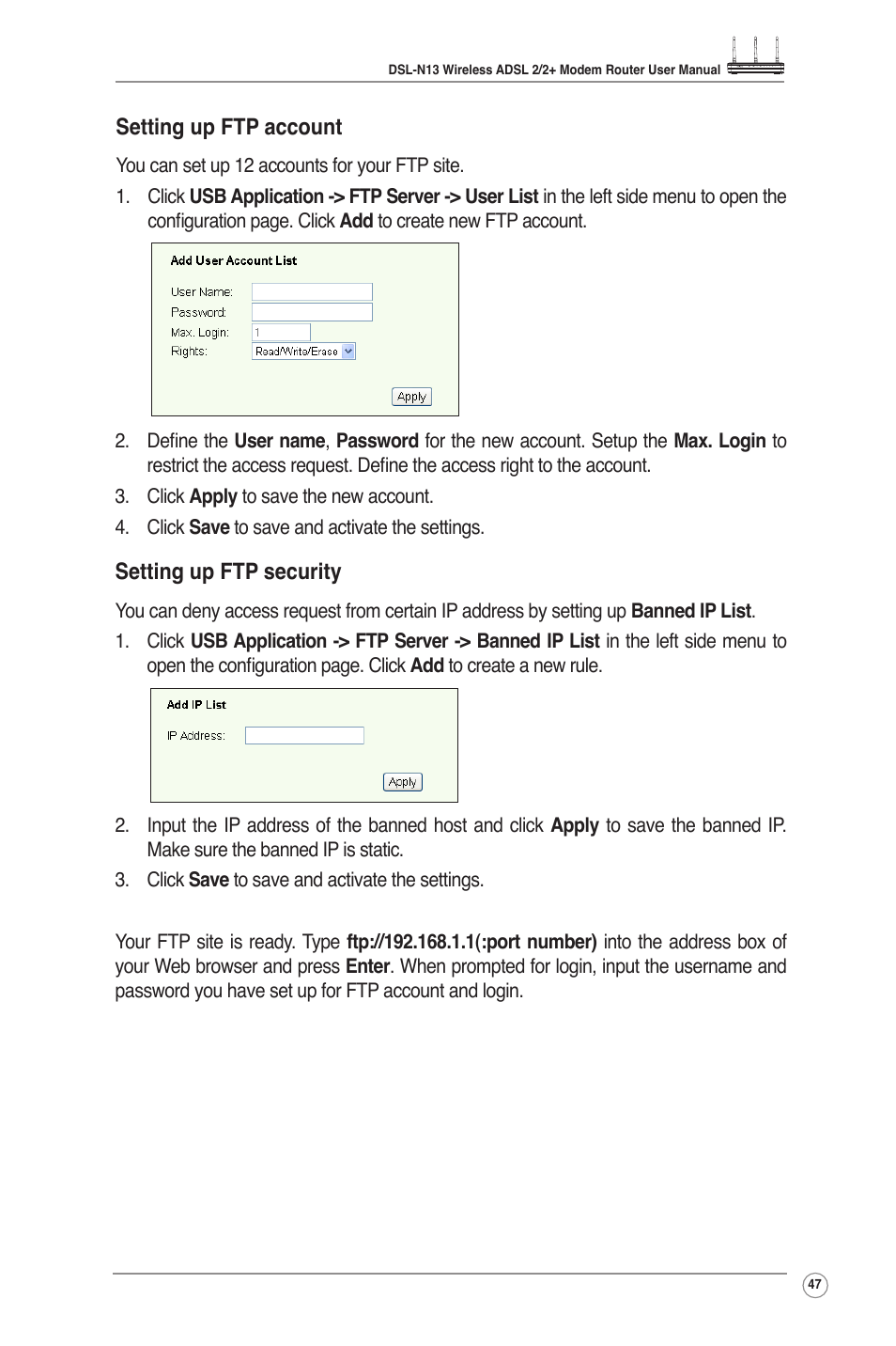 Setting up ftp account, Setting up ftp security | Asus DSL-N13 User Manual | Page 49 / 54