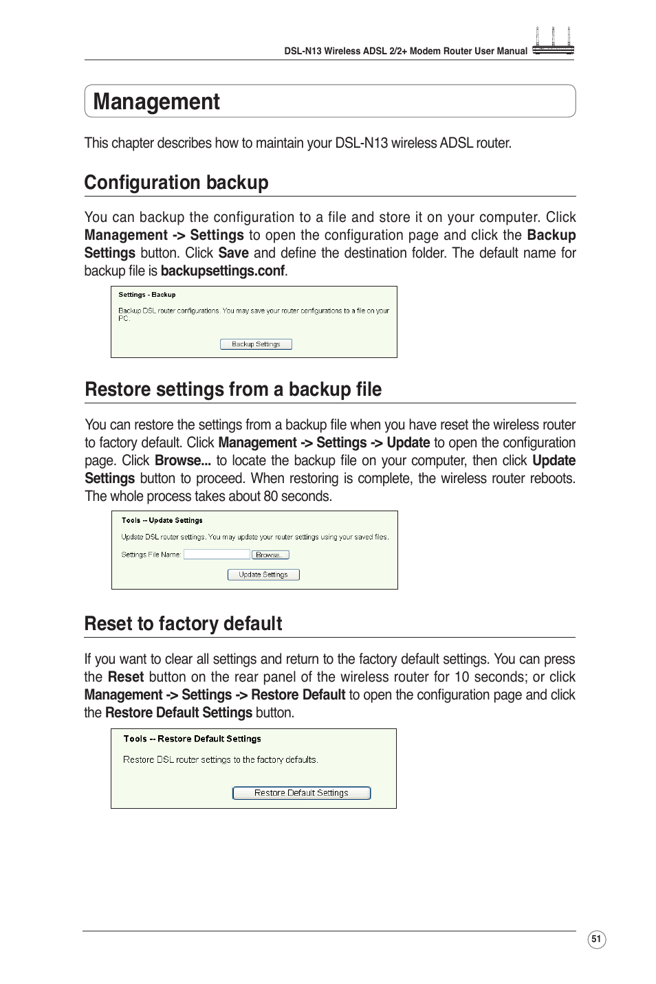 Management, Configuration backup, Restore settings from a backup file | Reset to factory default | Asus DSL-N13 User Manual | Page 53 / 54