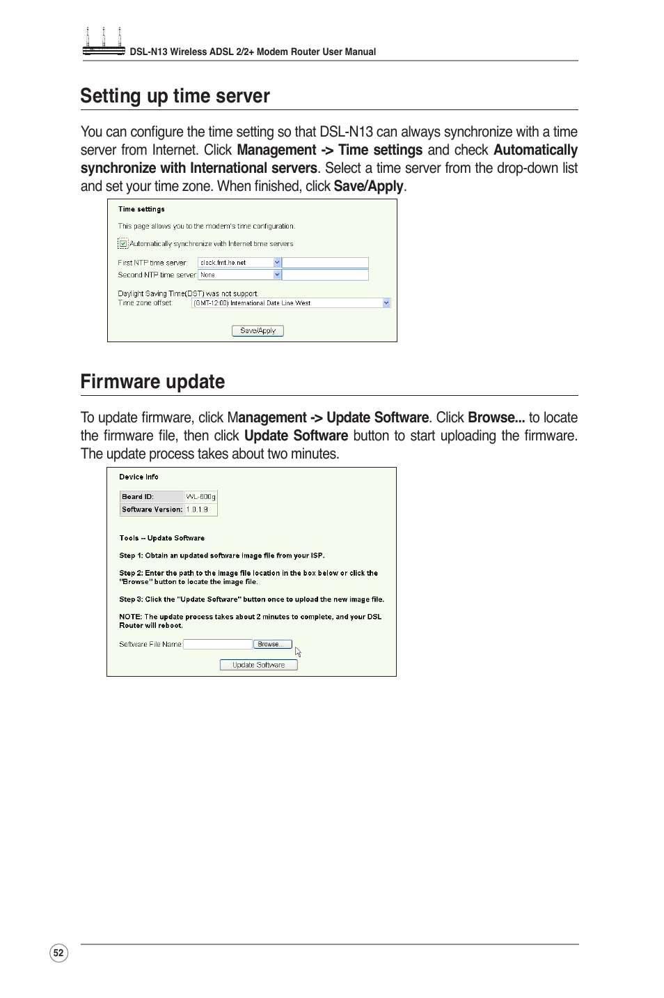 Setting up time server, Firmware update | Asus DSL-N13 User Manual | Page 54 / 54