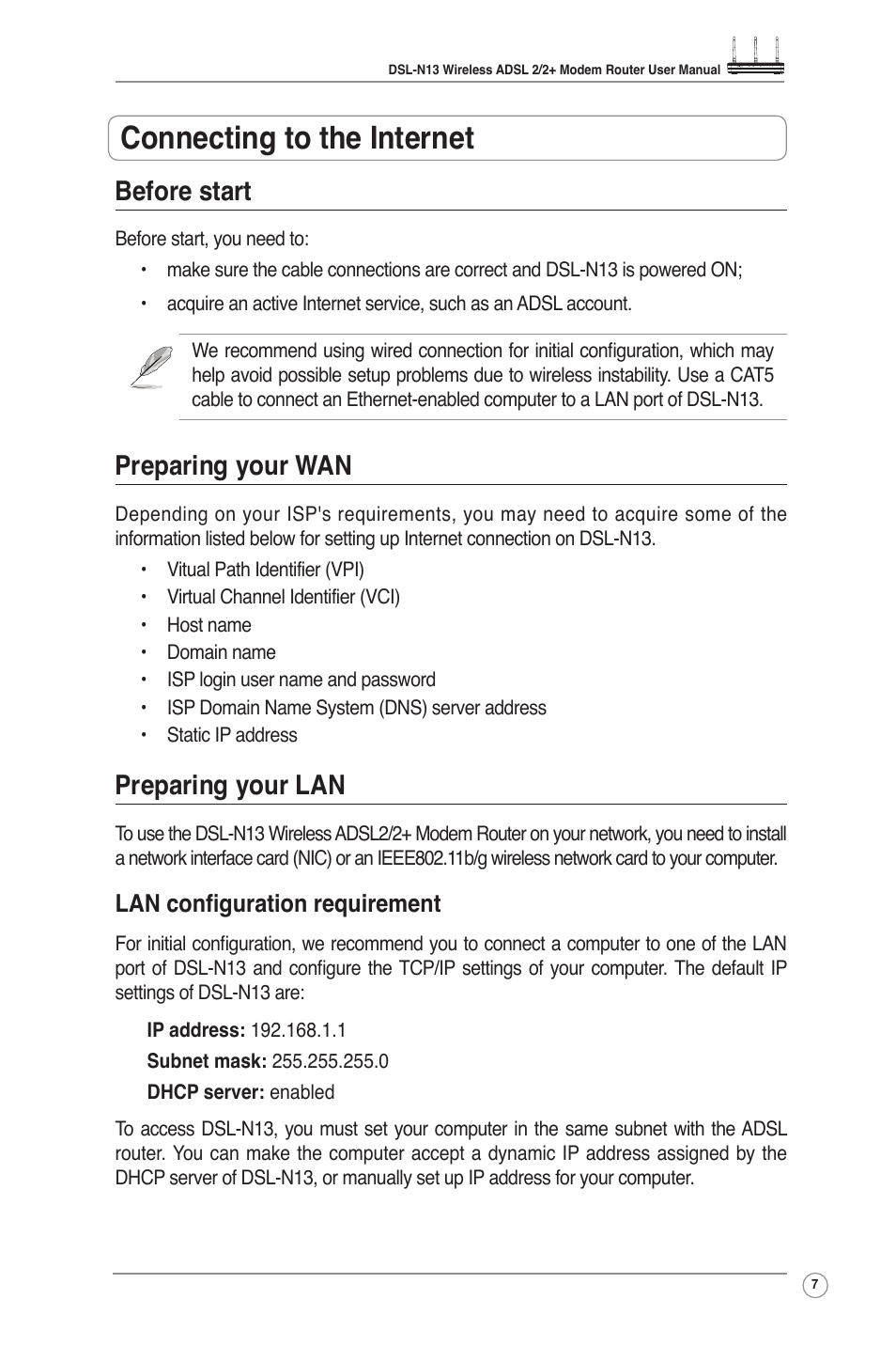 Connecting to the internet, Before start, Preparing your wan | Preparing your lan, Lan configuration requirement | Asus DSL-N13 User Manual | Page 9 / 54