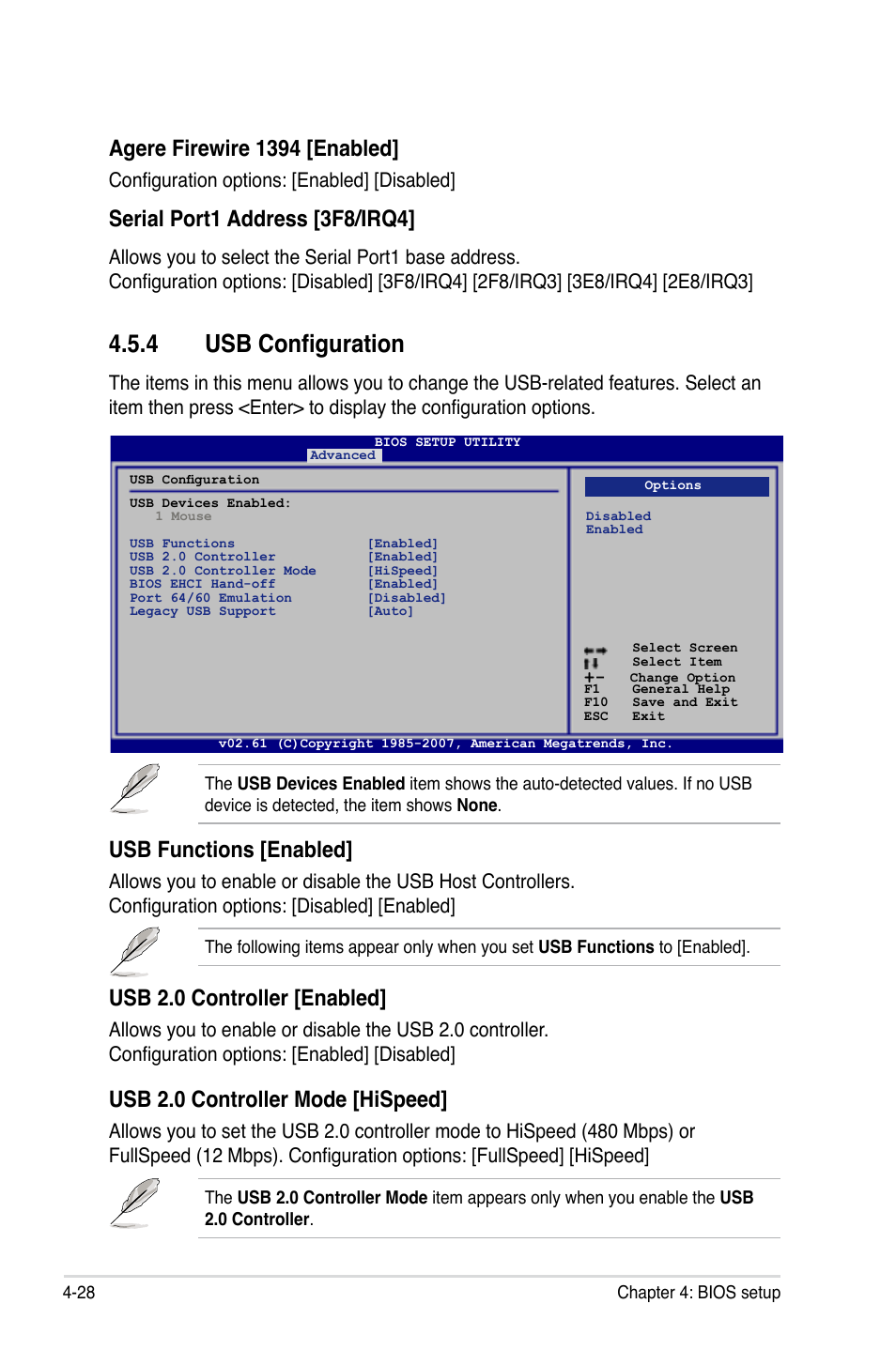 4 usb configuration, Usb functions [enabled, Usb 2.0 controller [enabled | Usb 2.0 controller mode [hispeed, Agere firewire 1394 [enabled, Serial port1 address [3f8/irq4, Configuration options: [enabled] [disabled | Asus P5E3 Premium/WiFi-AP@n User Manual | Page 100 / 198