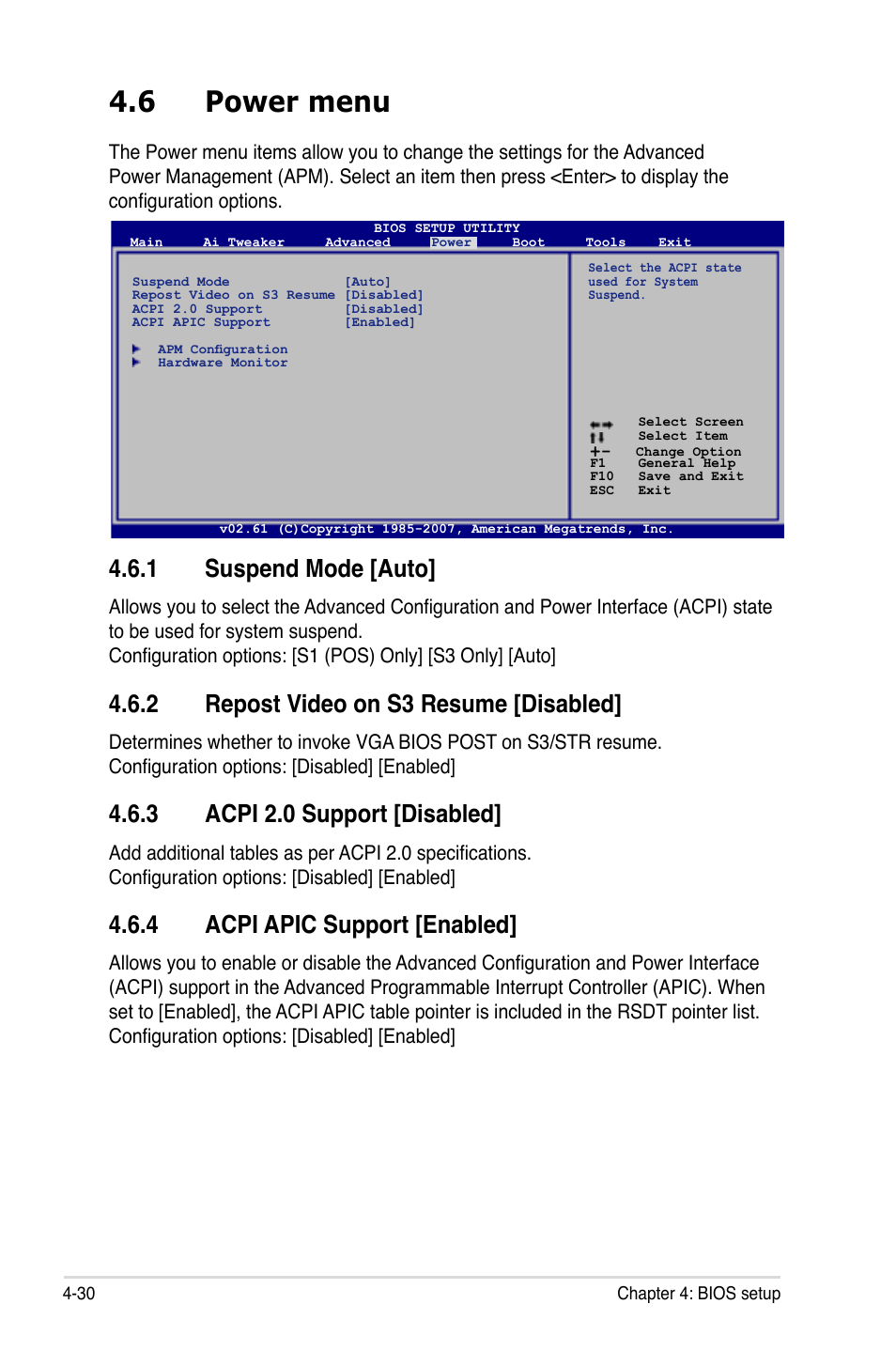 6 power menu, 1 suspend mode [auto, 2 repost video on s3 resume [disabled | 3 acpi 2.0 support [disabled, 4 acpi apic support [enabled | Asus P5E3 Premium/WiFi-AP@n User Manual | Page 102 / 198
