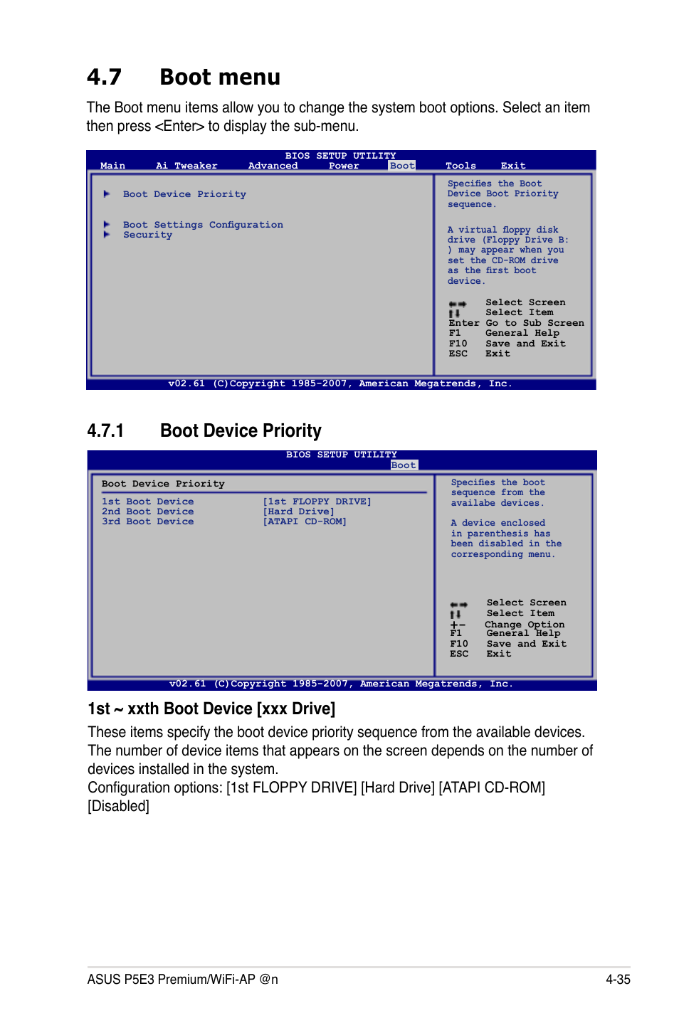 7 boot menu, 1 boot device priority, 1st ~ xxth boot device [xxx drive | Asus P5E3 Premium/WiFi-AP@n User Manual | Page 107 / 198