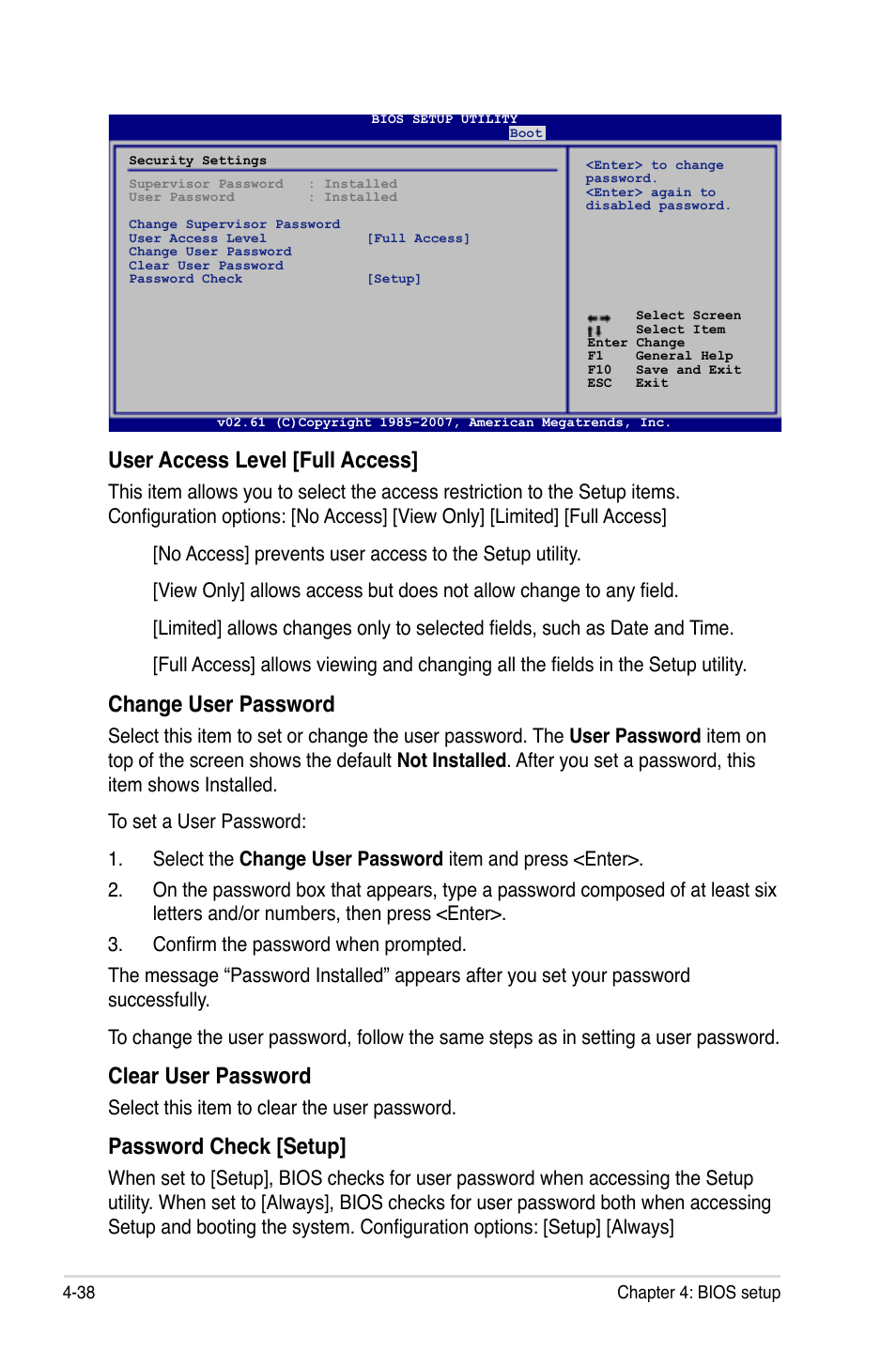 User access level [full access, Change user password, Clear user password | Password check [setup, Select this item to clear the user password | Asus P5E3 Premium/WiFi-AP@n User Manual | Page 110 / 198