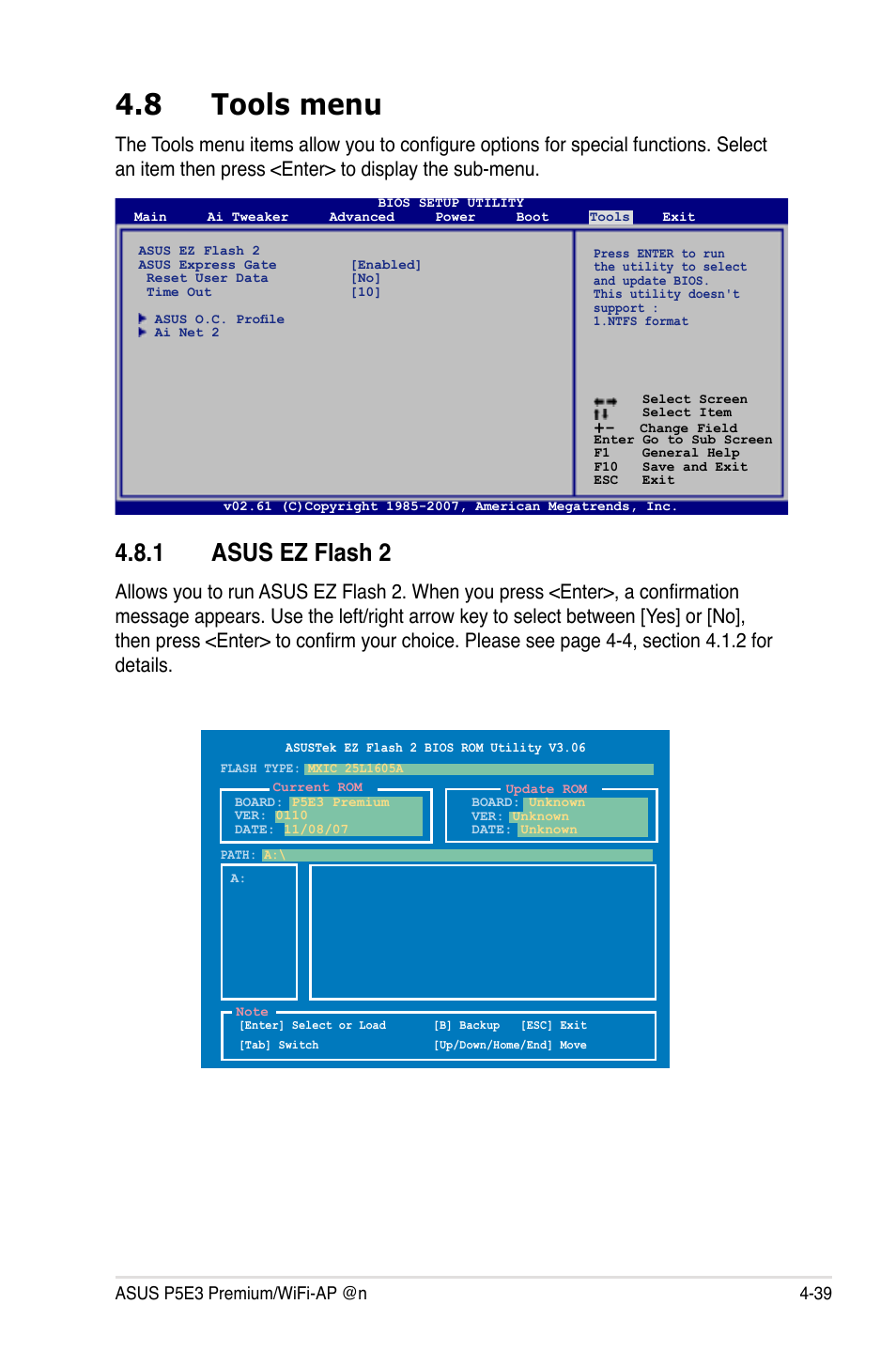 8 tools menu, 1 asus ez flash 2 | Asus P5E3 Premium/WiFi-AP@n User Manual | Page 111 / 198