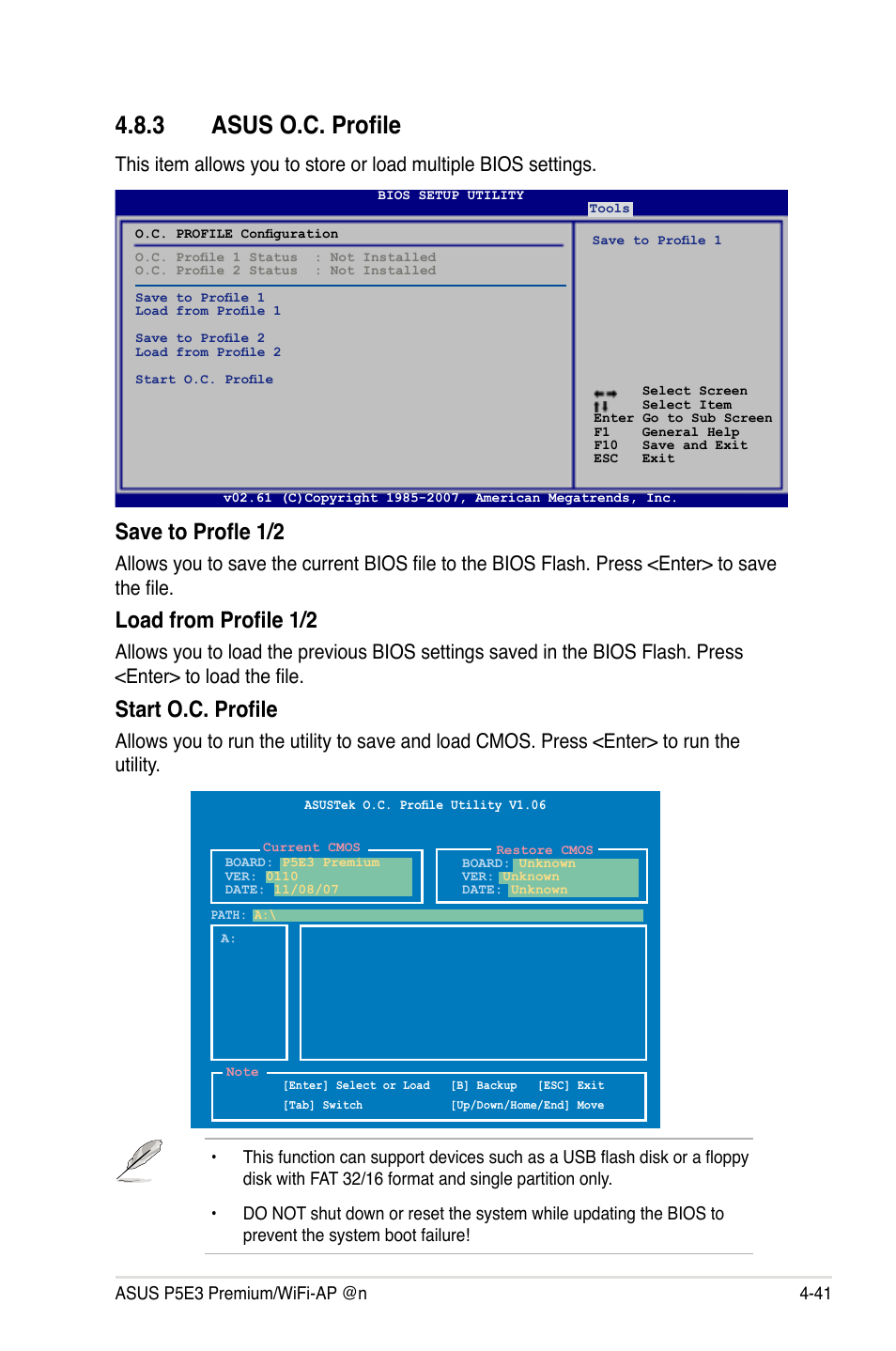 3 asus o.c. profile, Save to profle 1/2, Load from profile 1/2 | Start o.c. profile | Asus P5E3 Premium/WiFi-AP@n User Manual | Page 113 / 198