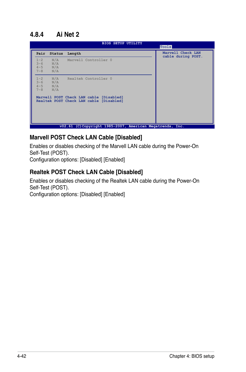 4 ai net 2, Marvell post check lan cable [disabled, Realtek post check lan cable [disabled | Asus P5E3 Premium/WiFi-AP@n User Manual | Page 114 / 198