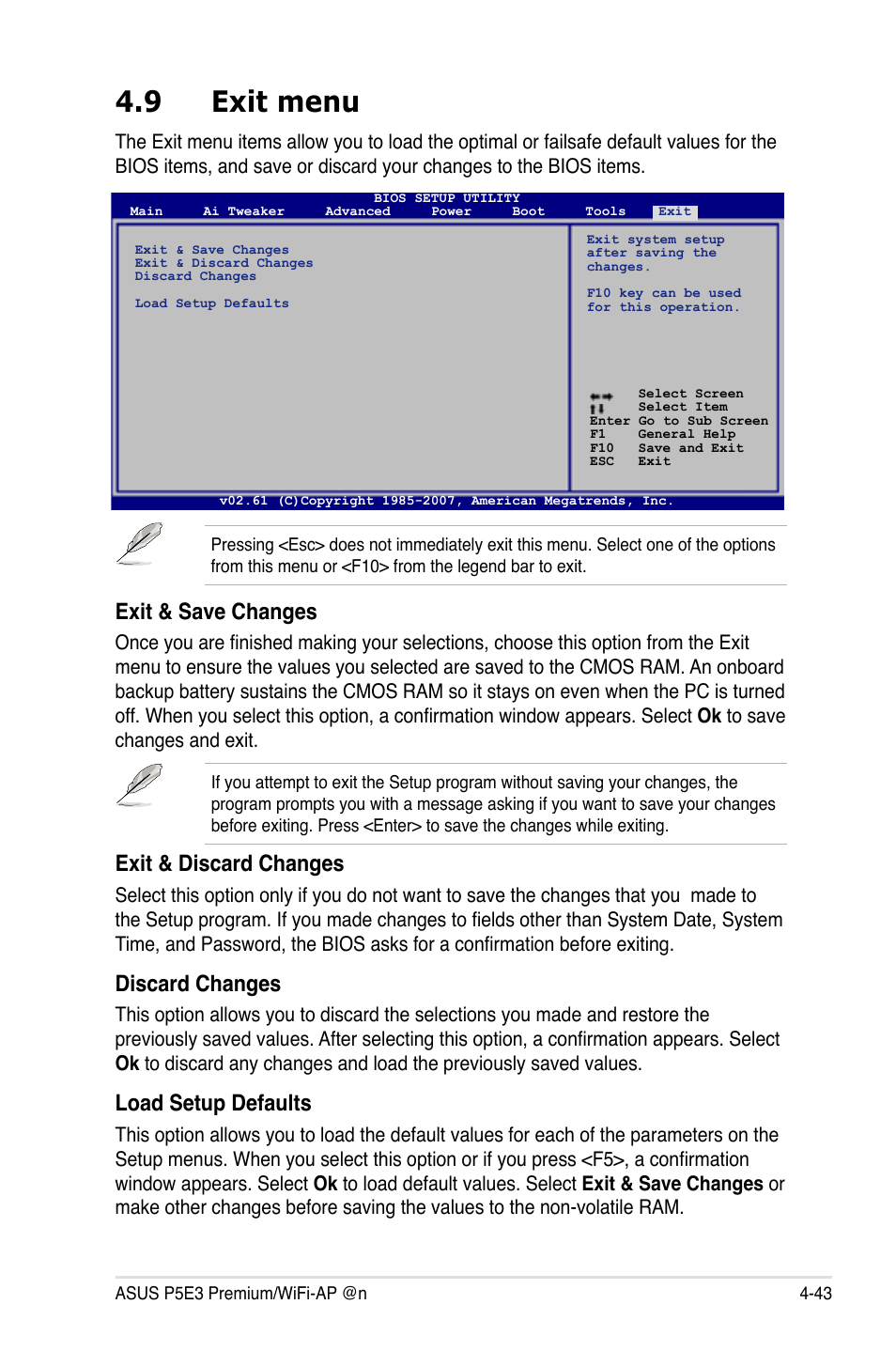 9 exit menu, Exit & save changes, Exit & discard changes | Discard changes, Load setup defaults | Asus P5E3 Premium/WiFi-AP@n User Manual | Page 115 / 198