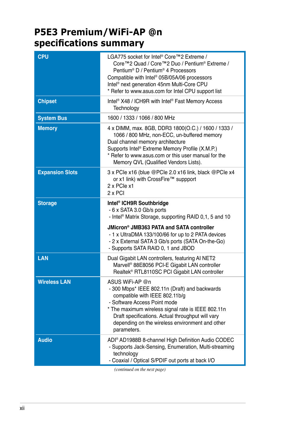 P5e3 premium/wifi-ap @n specifications summary | Asus P5E3 Premium/WiFi-AP@n User Manual | Page 12 / 198