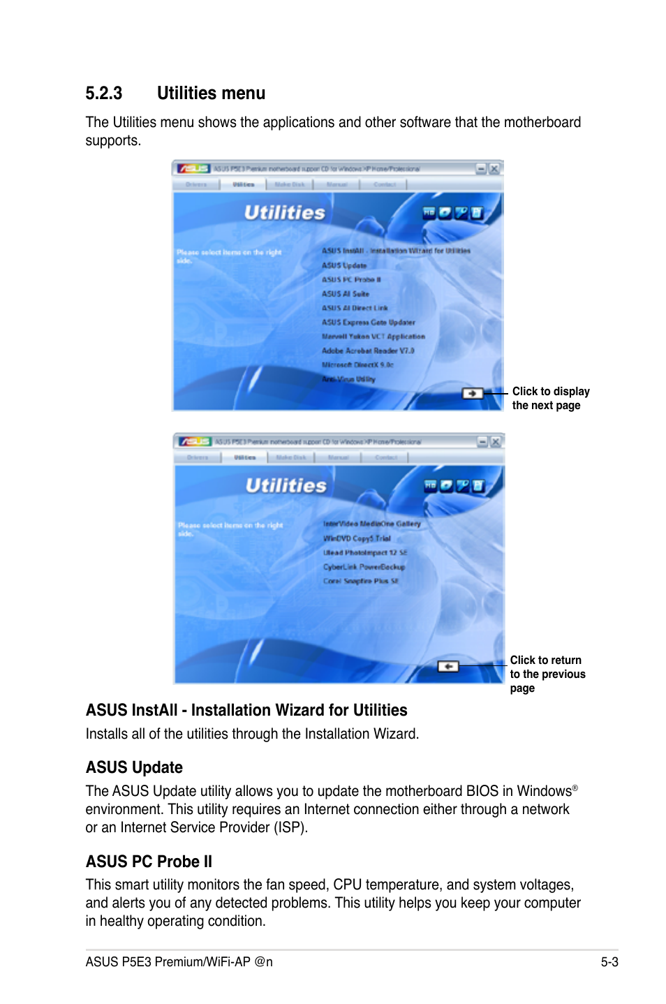 3 utilities menu, Asus install - installation wizard for utilities, Asus update | Asus pc probe ii | Asus P5E3 Premium/WiFi-AP@n User Manual | Page 121 / 198