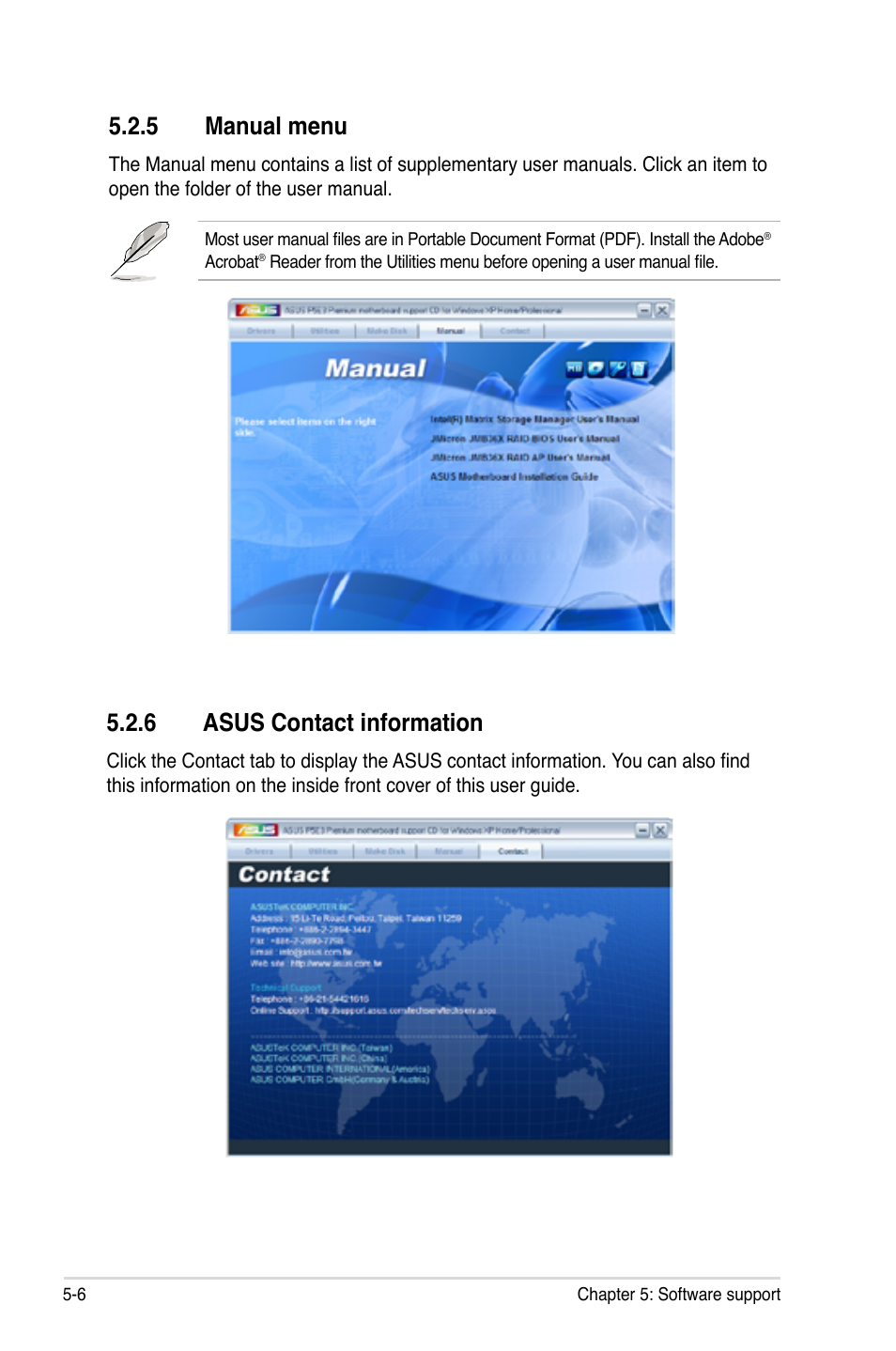 5 manual menu, 6 asus contact information | Asus P5E3 Premium/WiFi-AP@n User Manual | Page 124 / 198