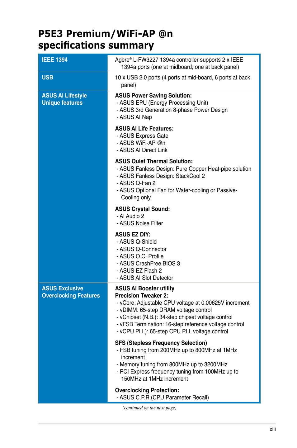 P5e3 premium/wifi-ap @n specifications summary | Asus P5E3 Premium/WiFi-AP@n User Manual | Page 13 / 198