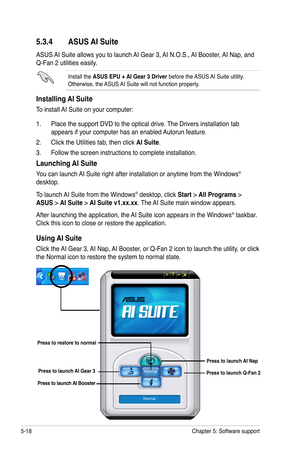 4 asus ai suite, Installing ai suite, Launching ai suite | Using ai suite | Asus P5E3 Premium/WiFi-AP@n User Manual | Page 136 / 198