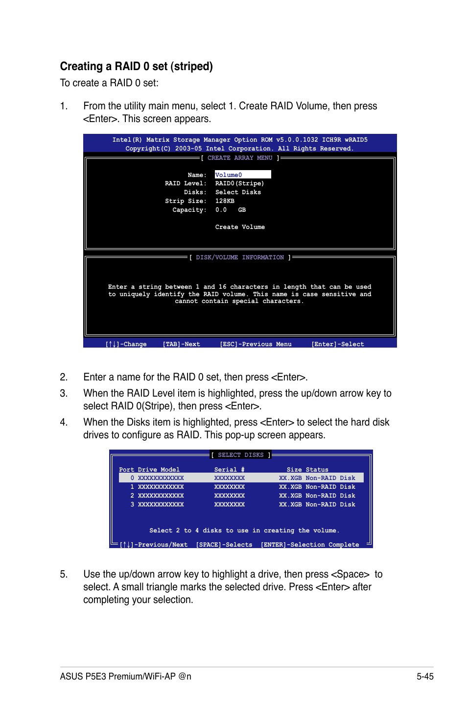 Creating a raid 0 set (striped) | Asus P5E3 Premium/WiFi-AP@n User Manual | Page 163 / 198