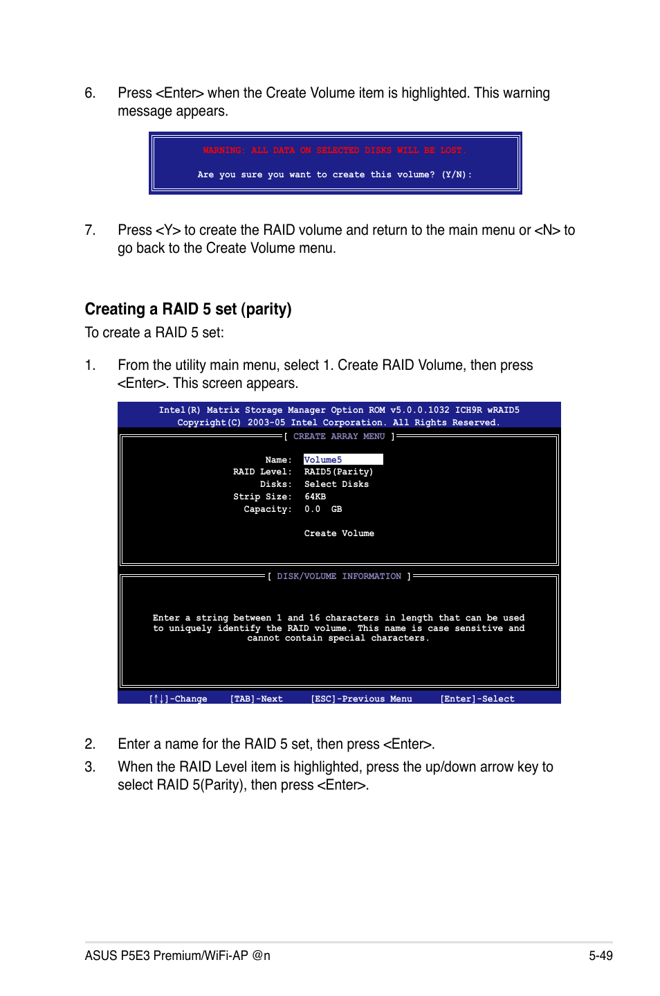 Creating a raid 5 set (parity) | Asus P5E3 Premium/WiFi-AP@n User Manual | Page 167 / 198