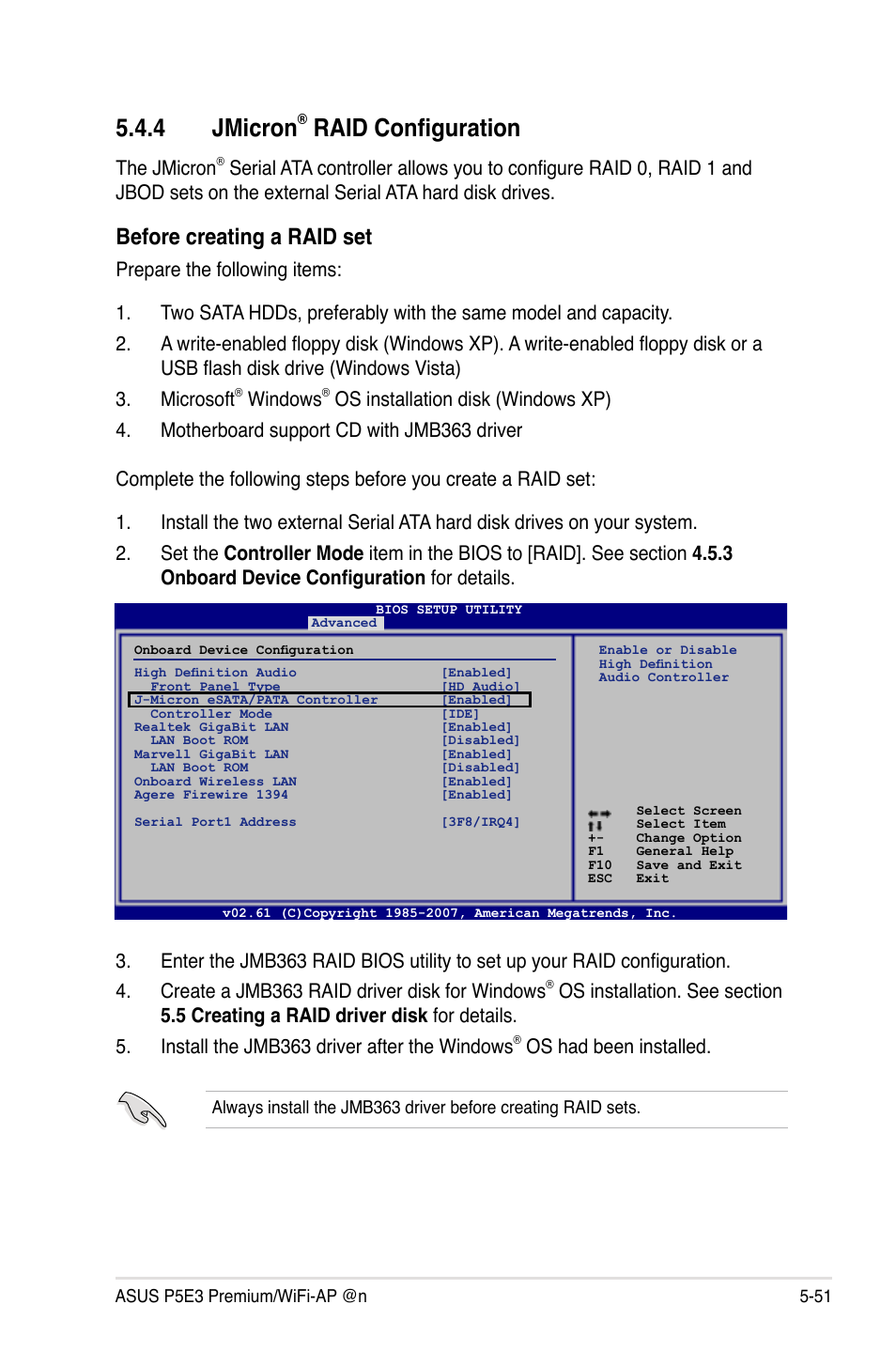 4 jmicron, Raid configuration, Before creating a raid set | The jmicron, Windows, Os had been installed | Asus P5E3 Premium/WiFi-AP@n User Manual | Page 169 / 198