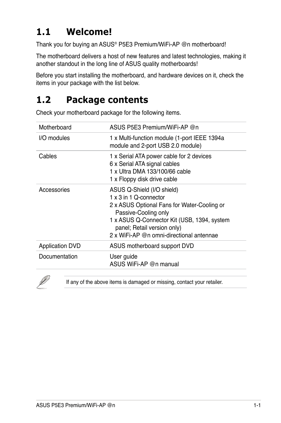 1 welcome, 2 package contents | Asus P5E3 Premium/WiFi-AP@n User Manual | Page 17 / 198