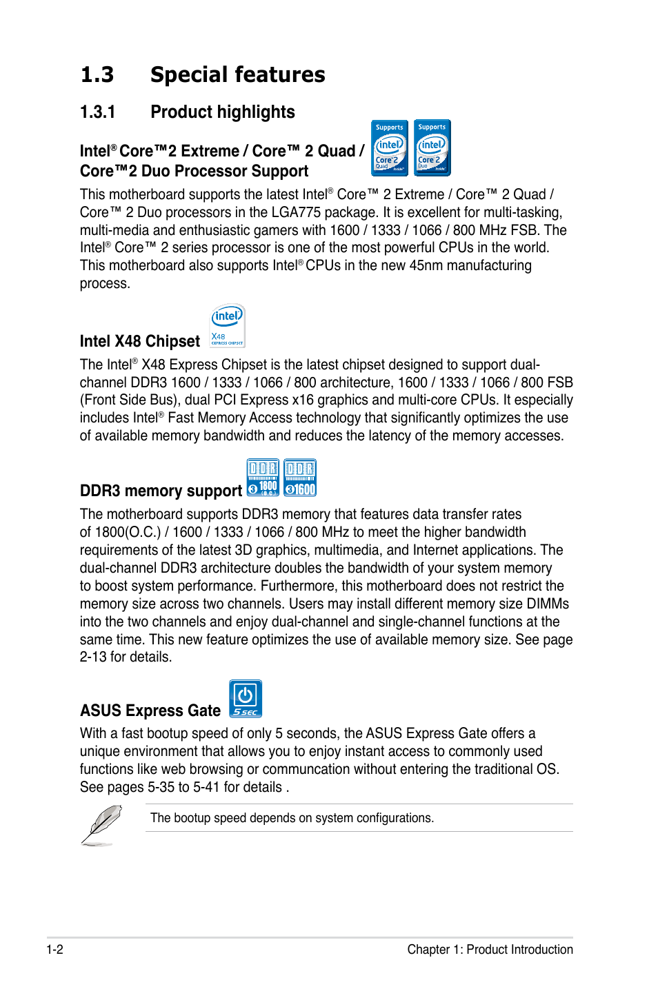 3 special features, 1 product highlights | Asus P5E3 Premium/WiFi-AP@n User Manual | Page 18 / 198