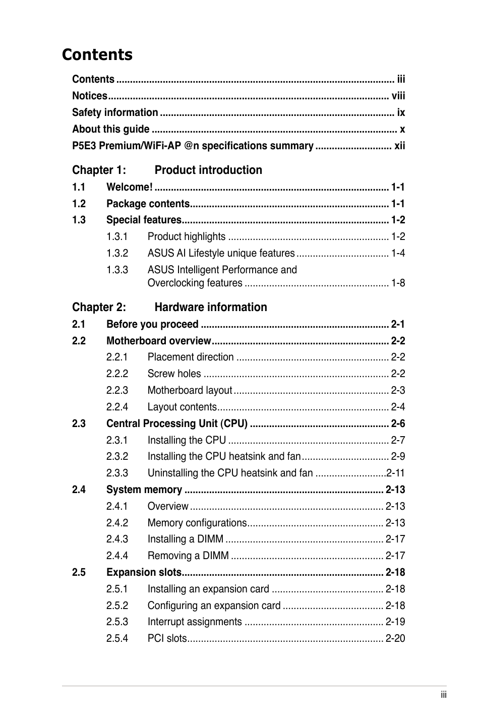 Asus P5E3 Premium/WiFi-AP@n User Manual | Page 3 / 198