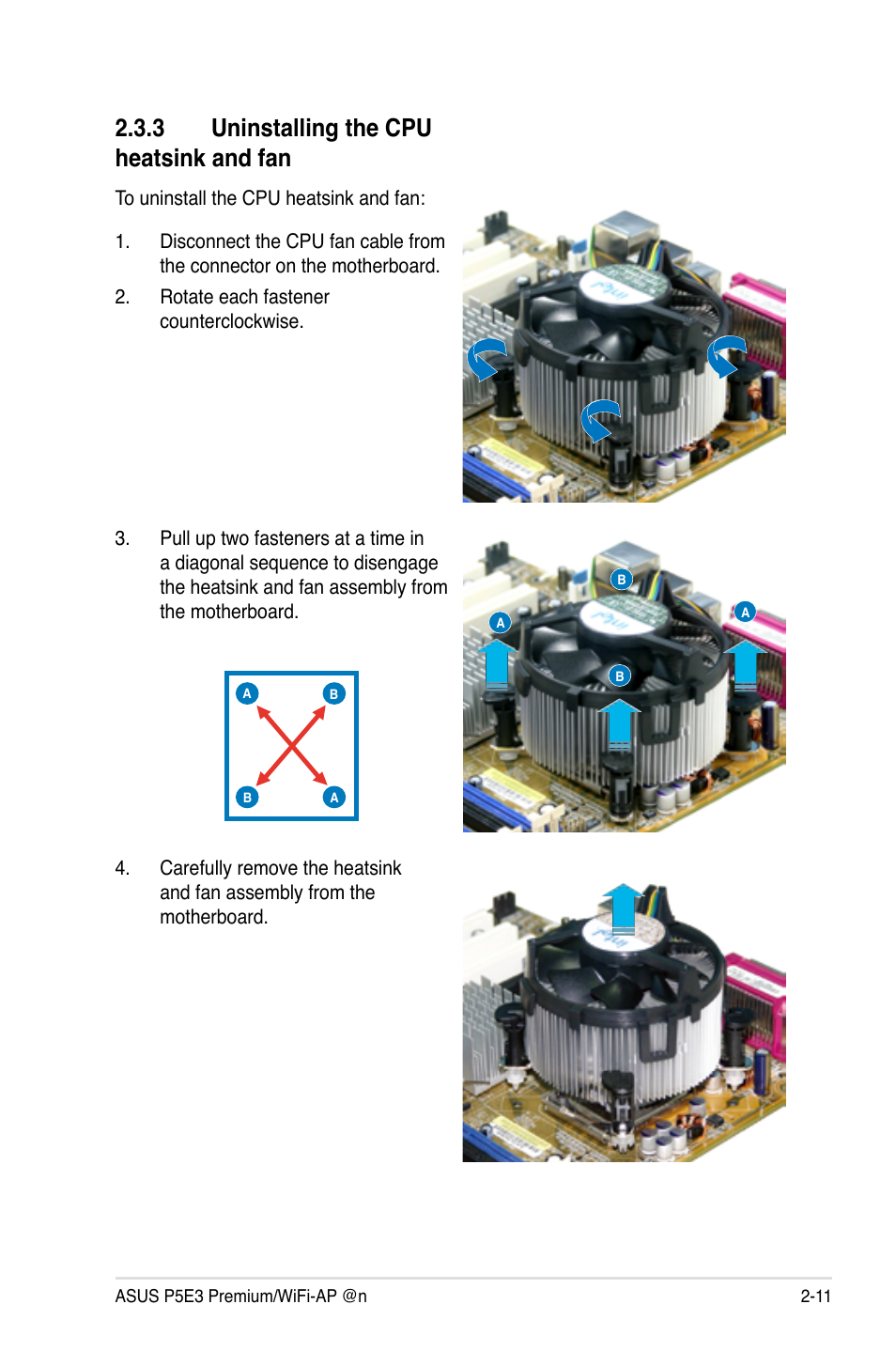 3 uninstalling the cpu heatsink and fan | Asus P5E3 Premium/WiFi-AP@n User Manual | Page 37 / 198